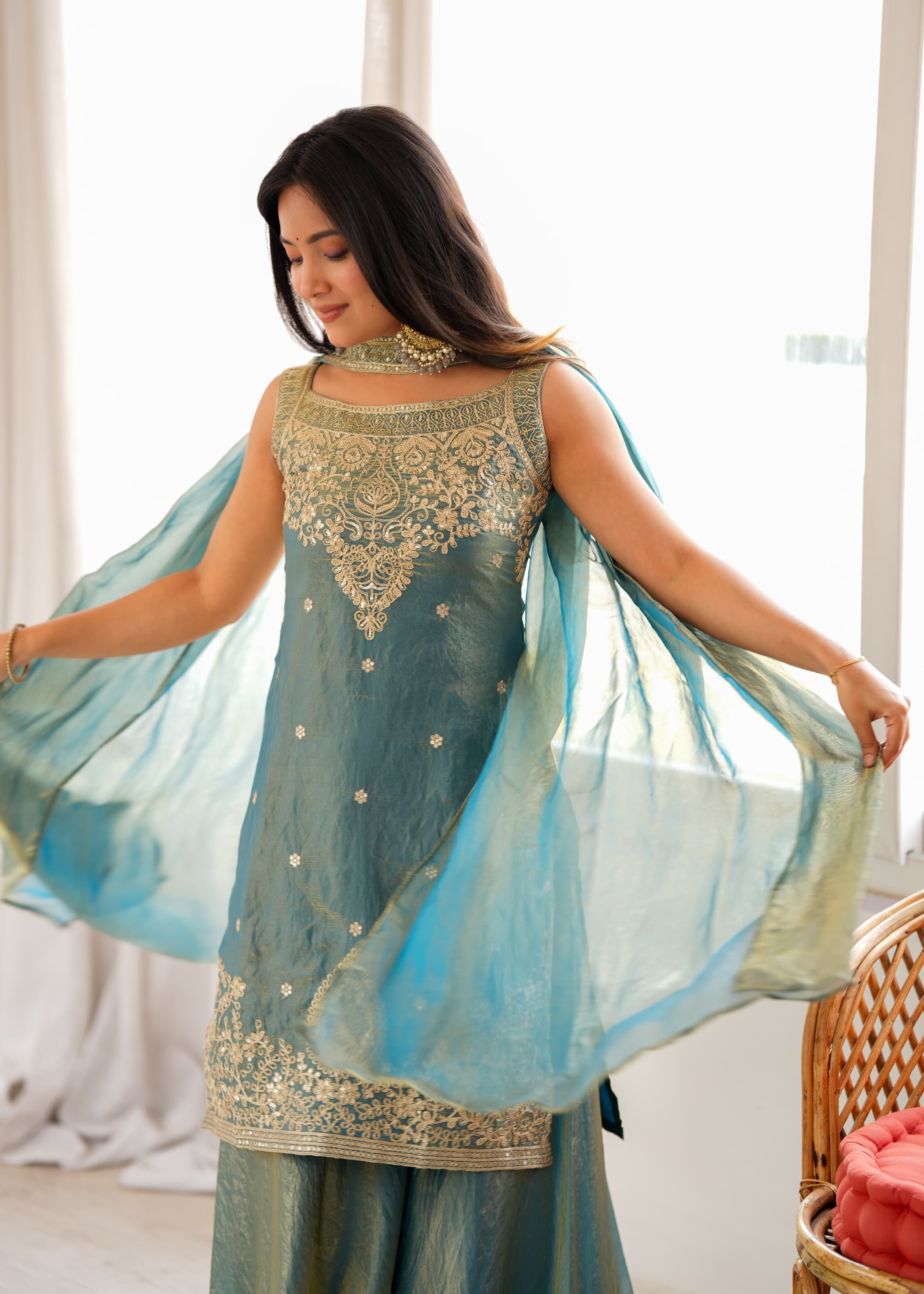 Pure Soft Fendy Silk Embroidered Top with Sharara & Dupatta – Festive Wedding Wear