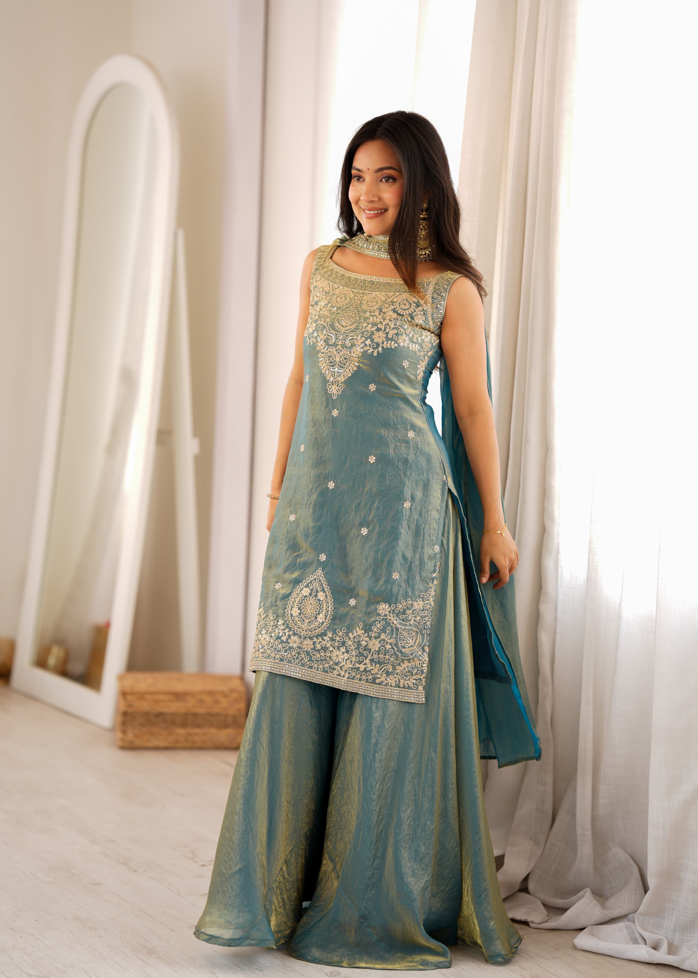Pure Soft Fendy Silk Embroidered Top with Sharara & Dupatta – Festive Wedding Wear