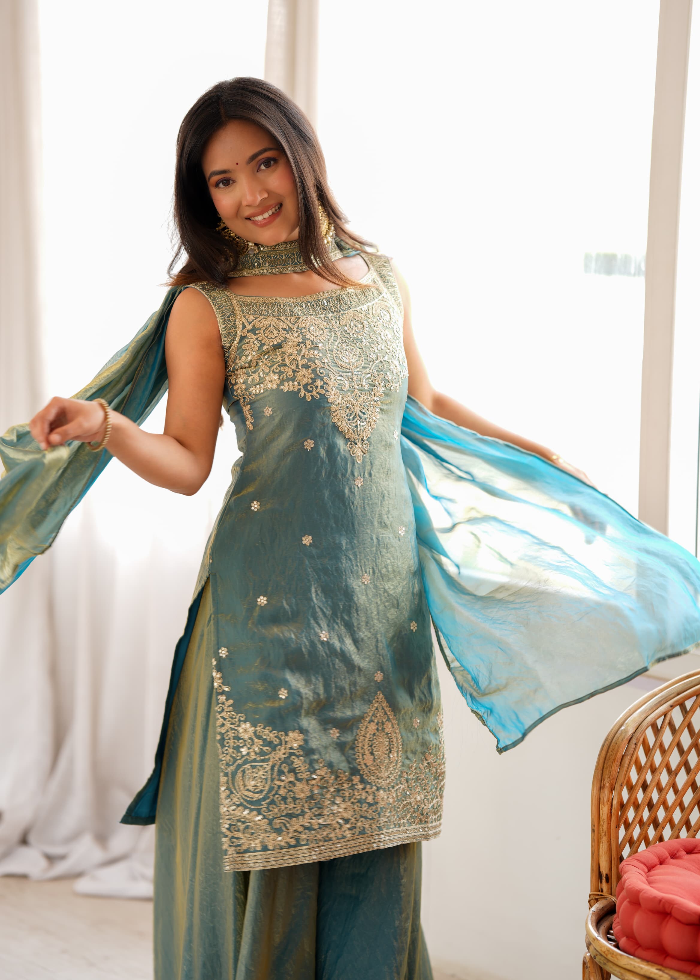 Pure Soft Fendy Silk Embroidered Top with Sharara & Dupatta – Festive Wedding Wear