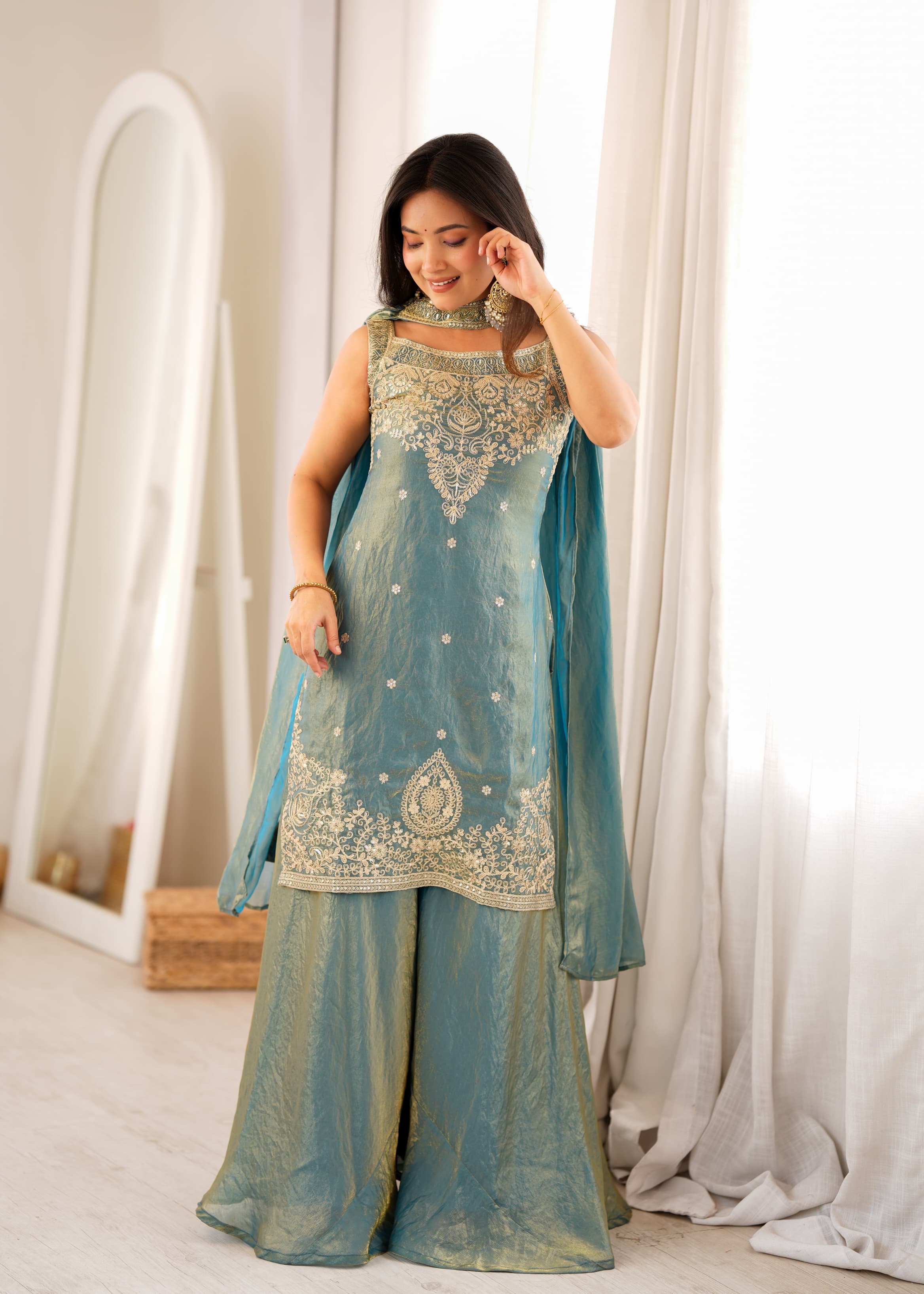 Pure Soft Fendy Silk Embroidered Top with Sharara & Dupatta – Festive Wedding Wear