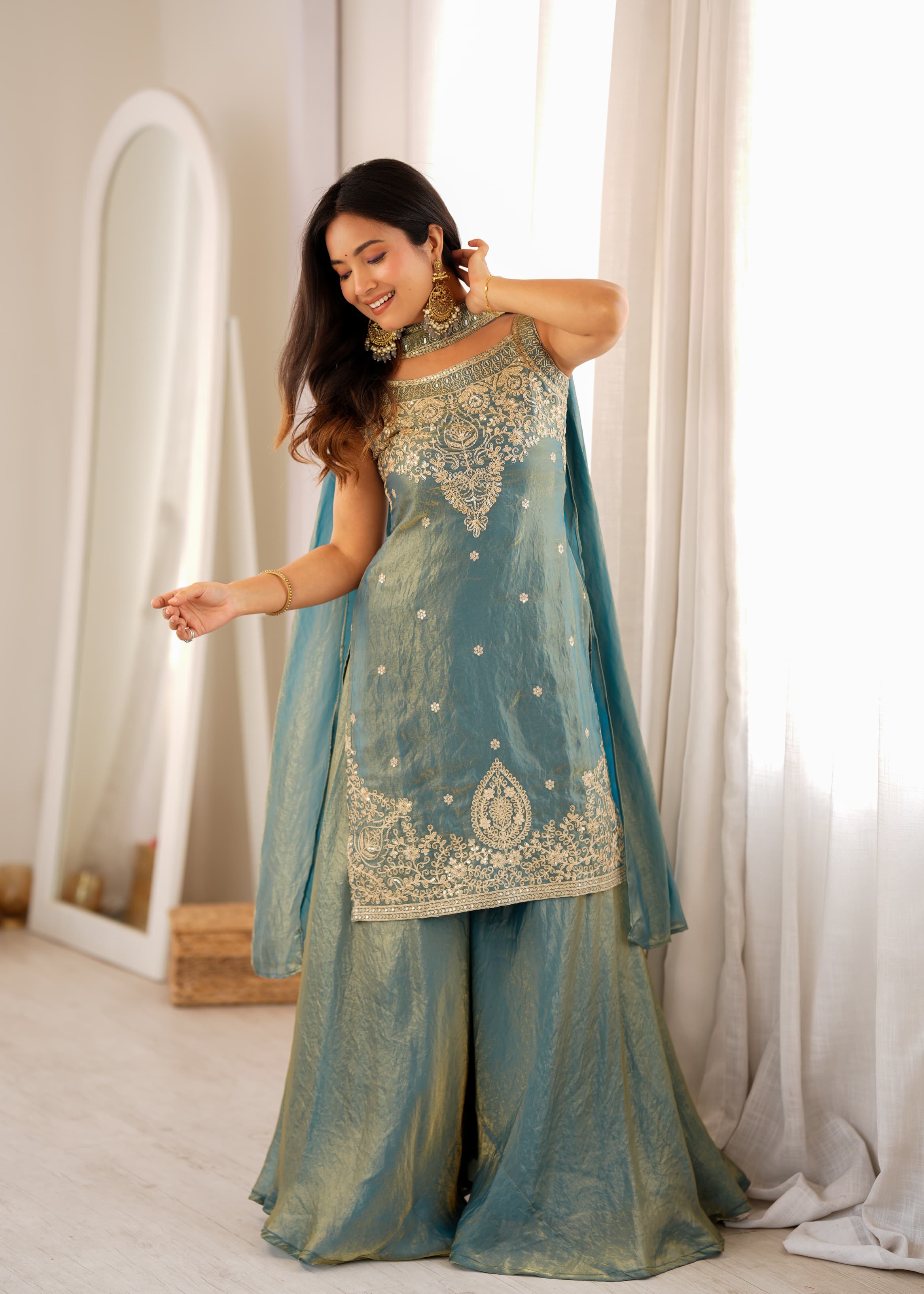 Pure Soft Fendy Silk Embroidered Top with Sharara & Dupatta – Festive Wedding Wear