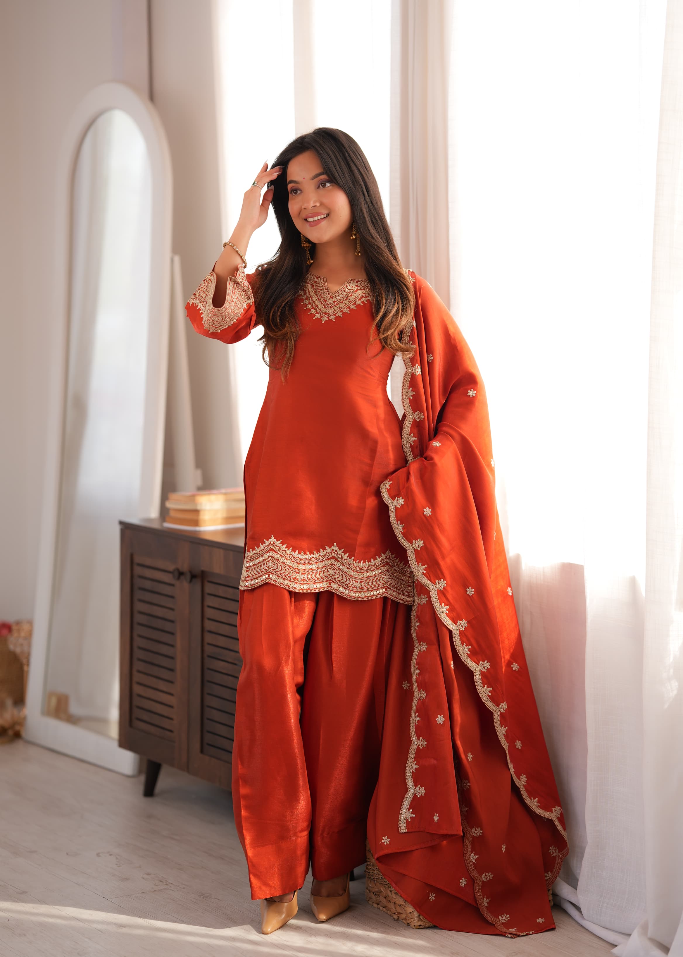 Glass Roman Silk Embroidered Top with Farshi Shalwar & Shawl Dupatta – Festive Wedding Wear