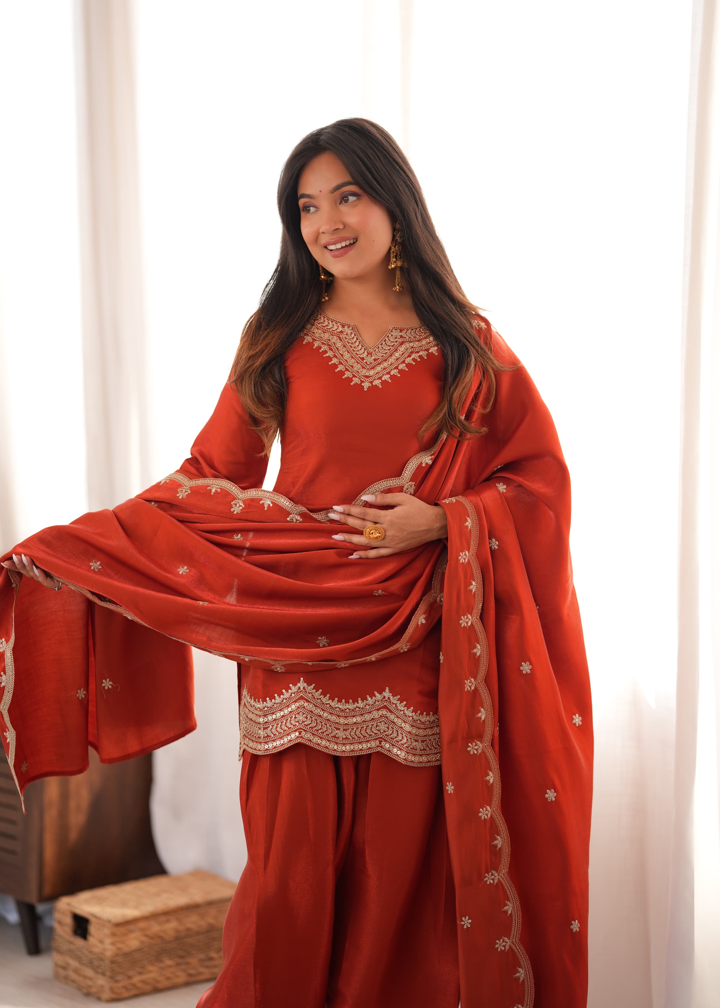 Glass Roman Silk Embroidered Top with Farshi Shalwar & Shawl Dupatta – Festive Wedding Wear