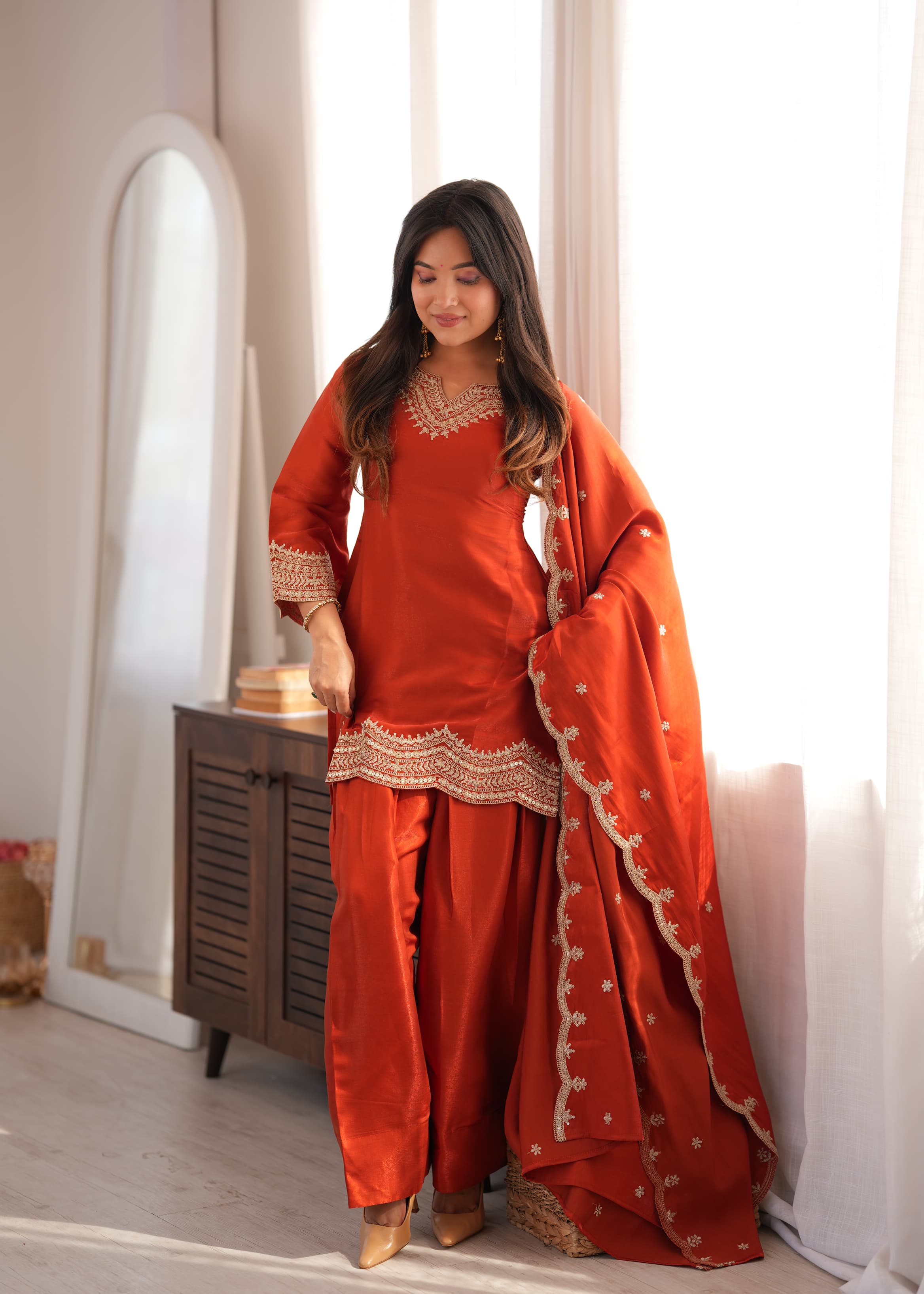 Glass Roman Silk Embroidered Top with Farshi Shalwar & Shawl Dupatta – Festive Wedding Wear
