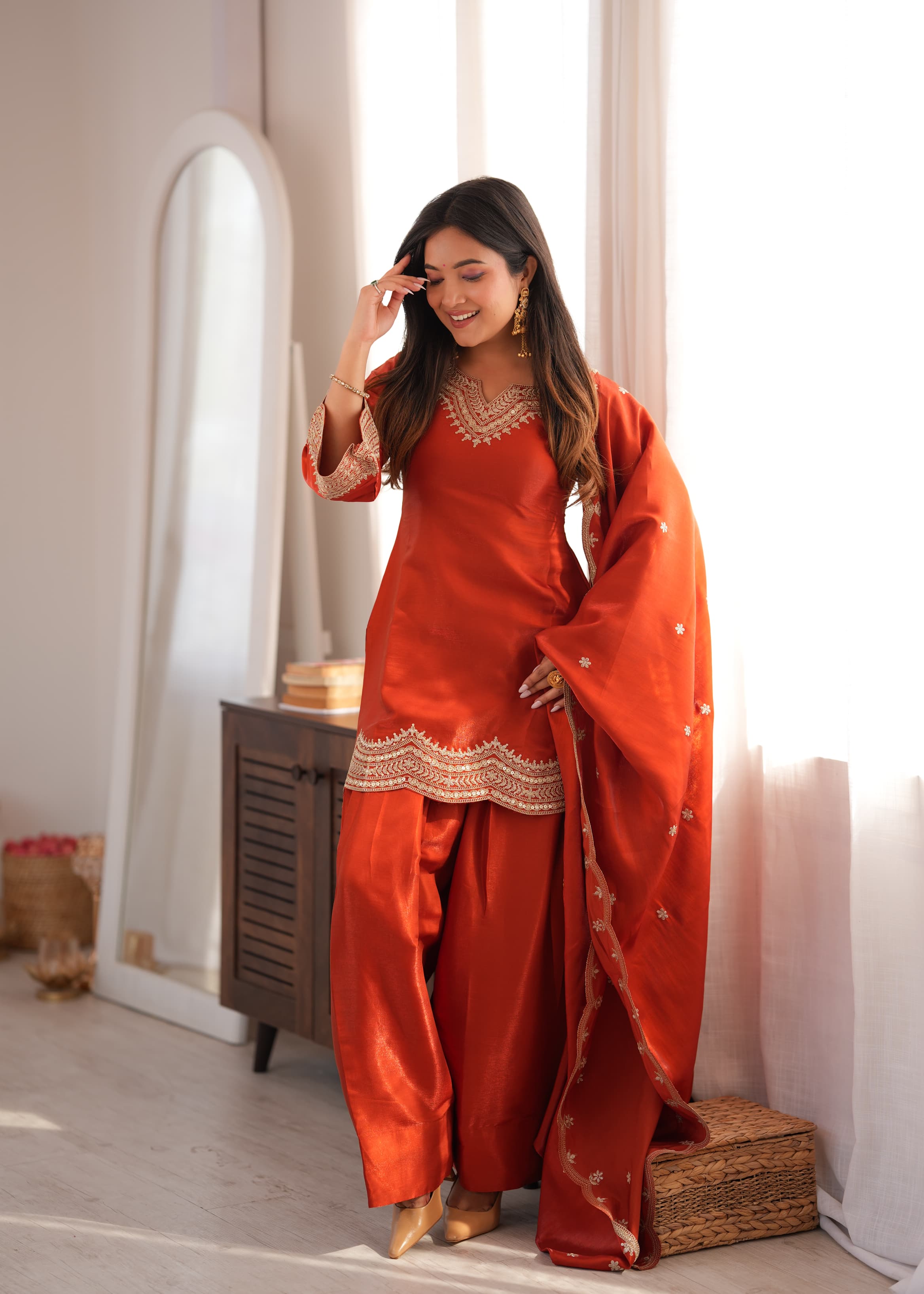 Glass Roman Silk Embroidered Top with Farshi Shalwar & Shawl Dupatta – Festive Wedding Wear