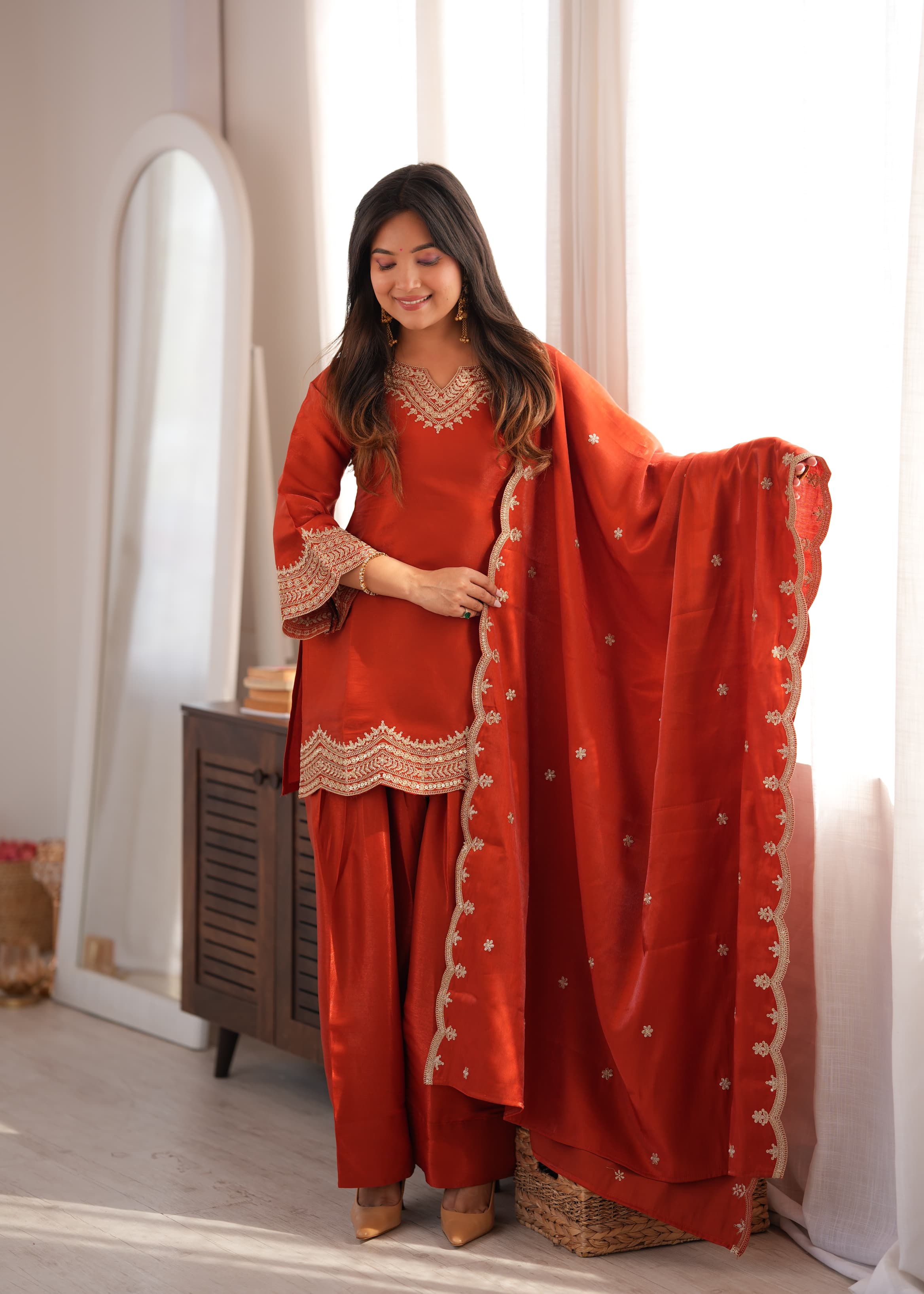 Glass Roman Silk Embroidered Top with Farshi Shalwar & Shawl Dupatta – Festive Wedding Wear