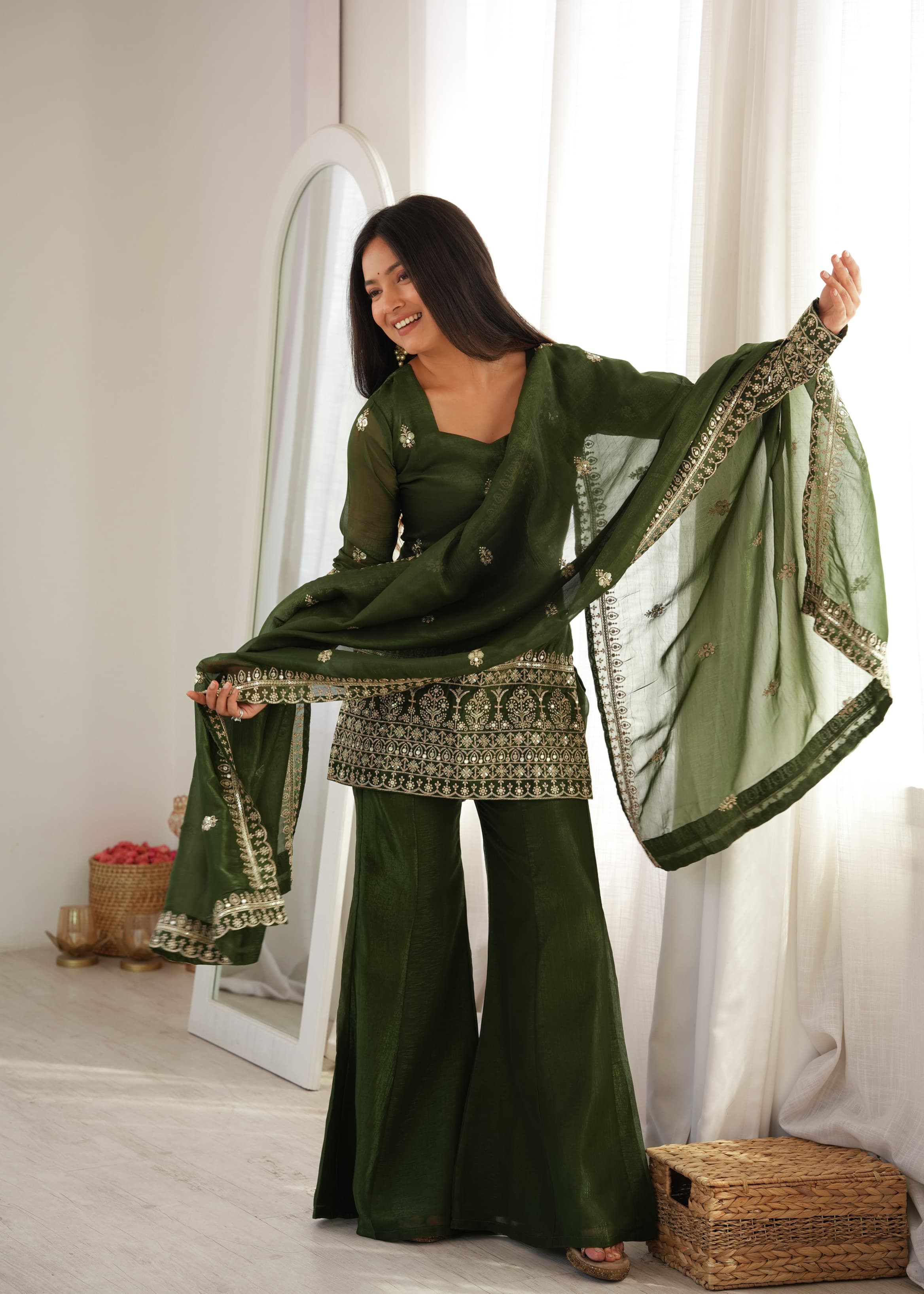 Mehendi & Purple Crunchy Silk Embroidered Top with Bell Bottom Pant & Dupatta – Festive Wedding Wear