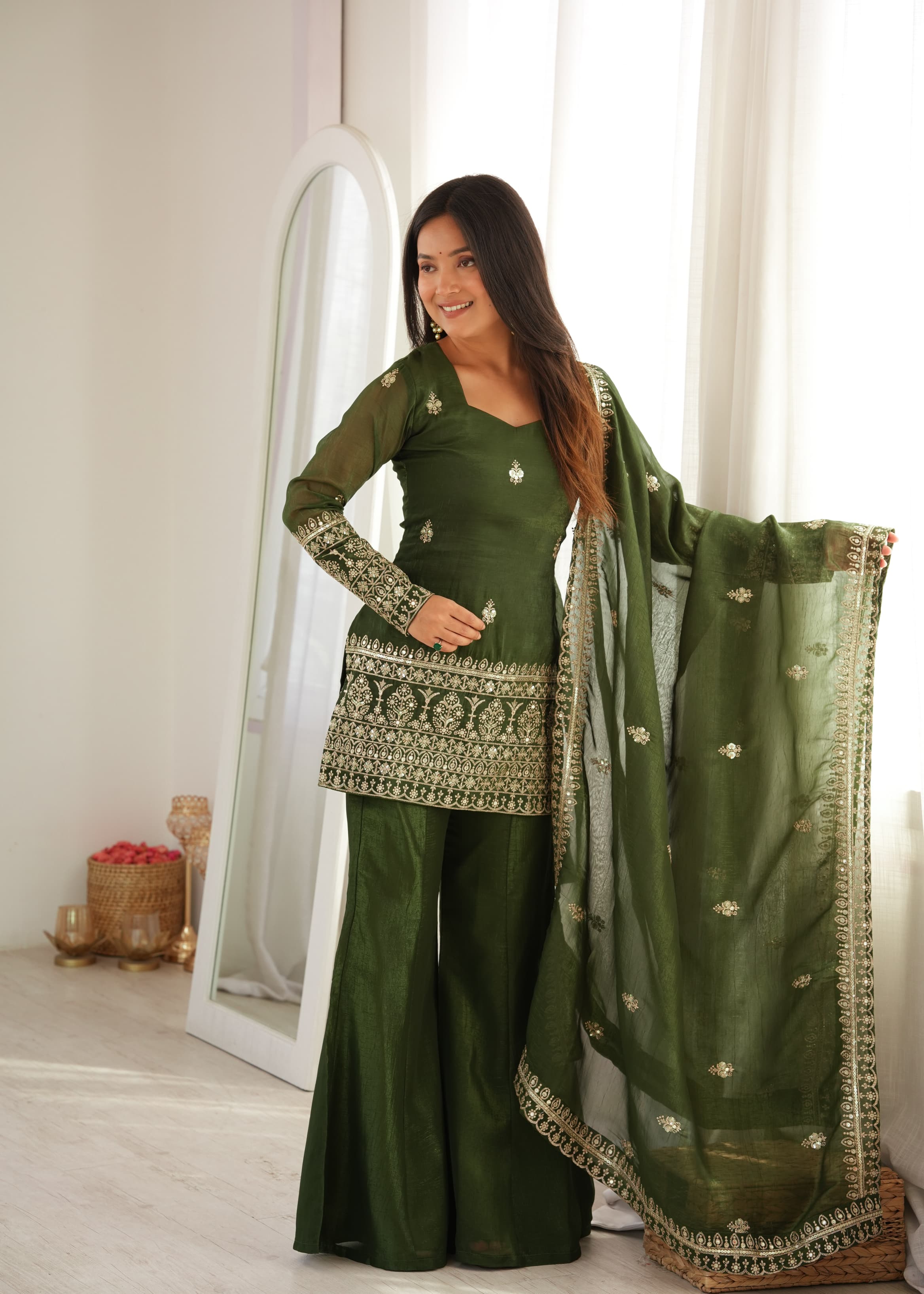 Mehendi & Purple Crunchy Silk Embroidered Top with Bell Bottom Pant & Dupatta – Festive Wedding Wear