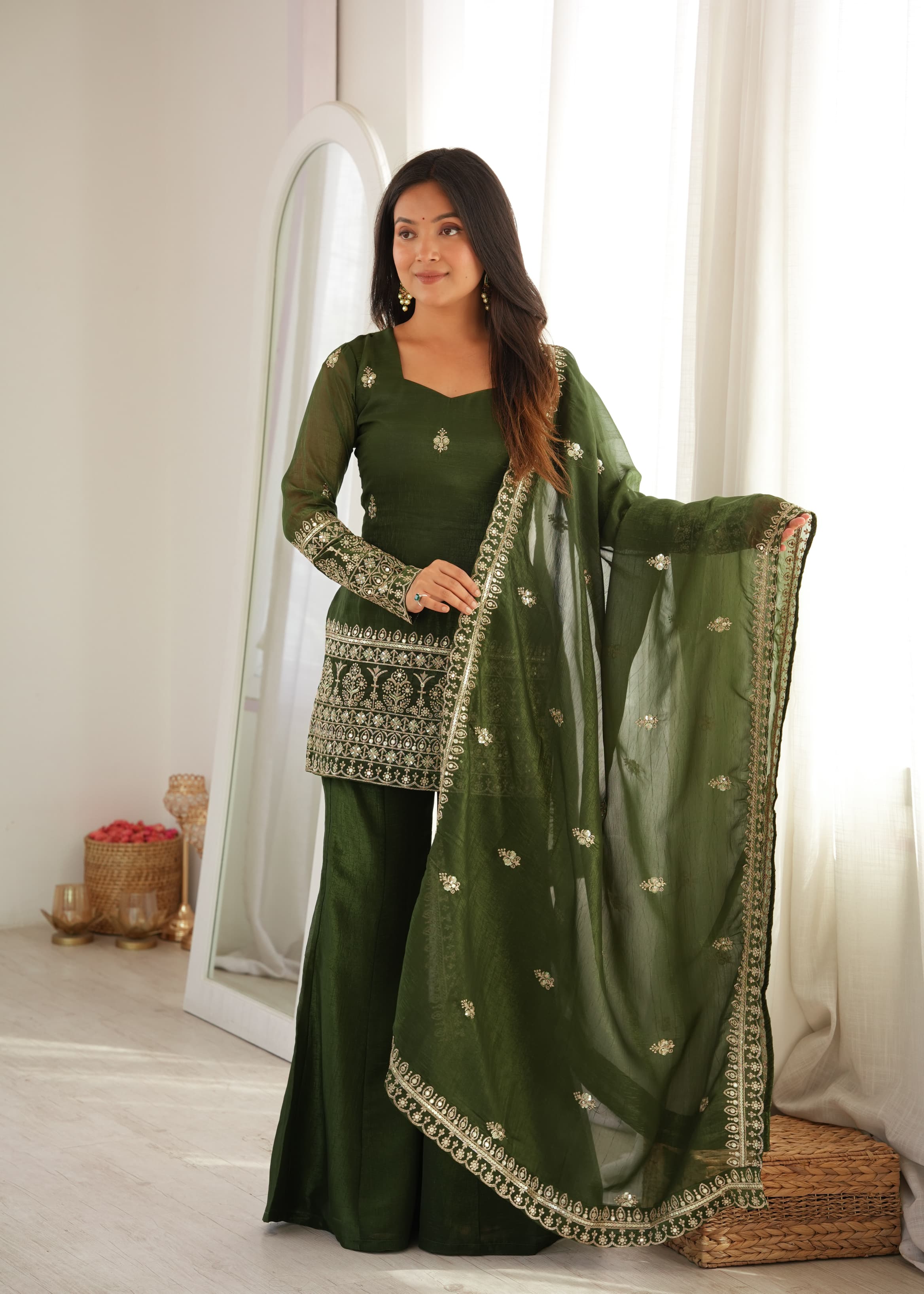 Mehendi & Purple Crunchy Silk Embroidered Top with Bell Bottom Pant & Dupatta – Festive Wedding Wear