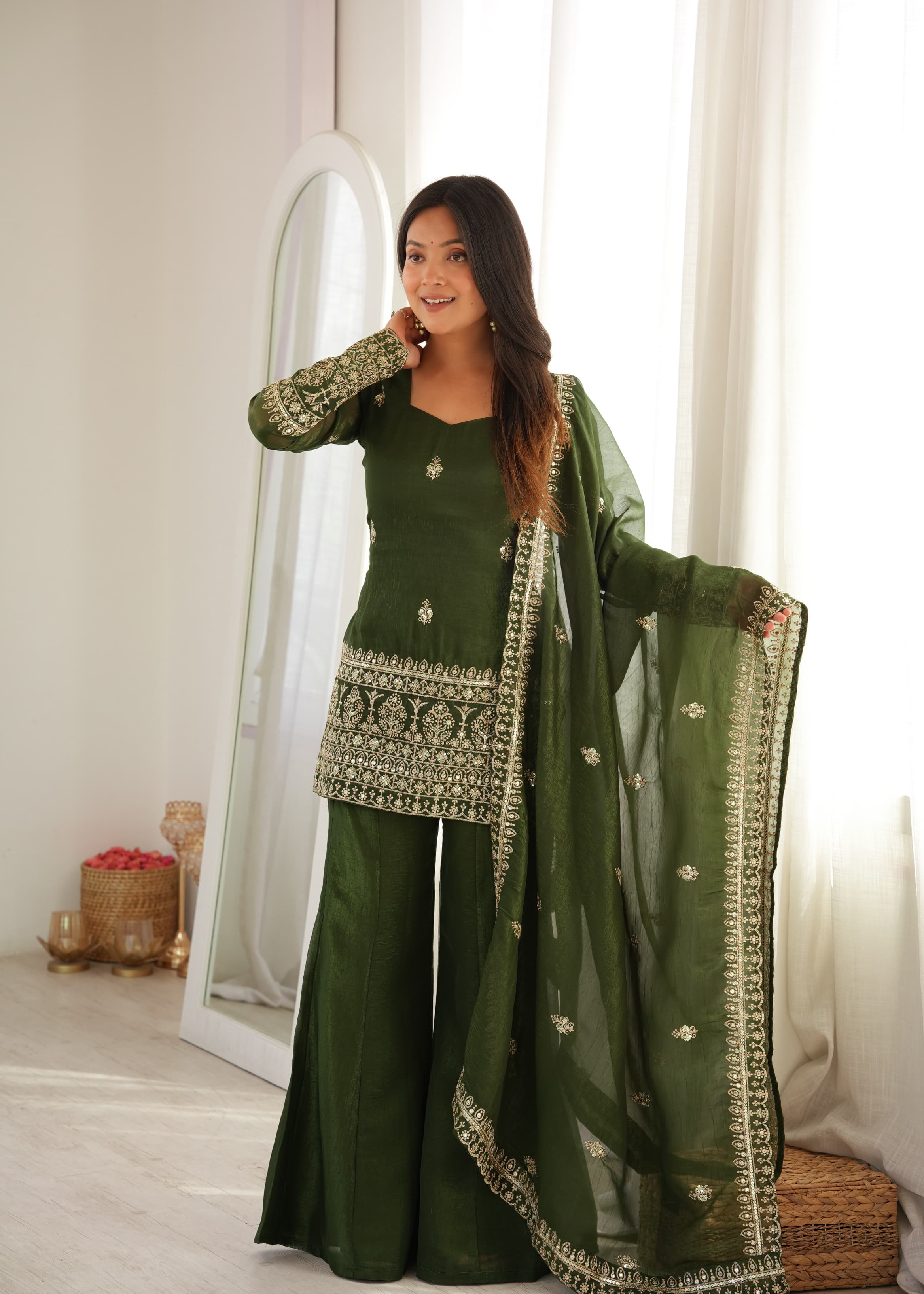 Mehendi & Purple Crunchy Silk Embroidered Top with Bell Bottom Pant & Dupatta – Festive Wedding Wear