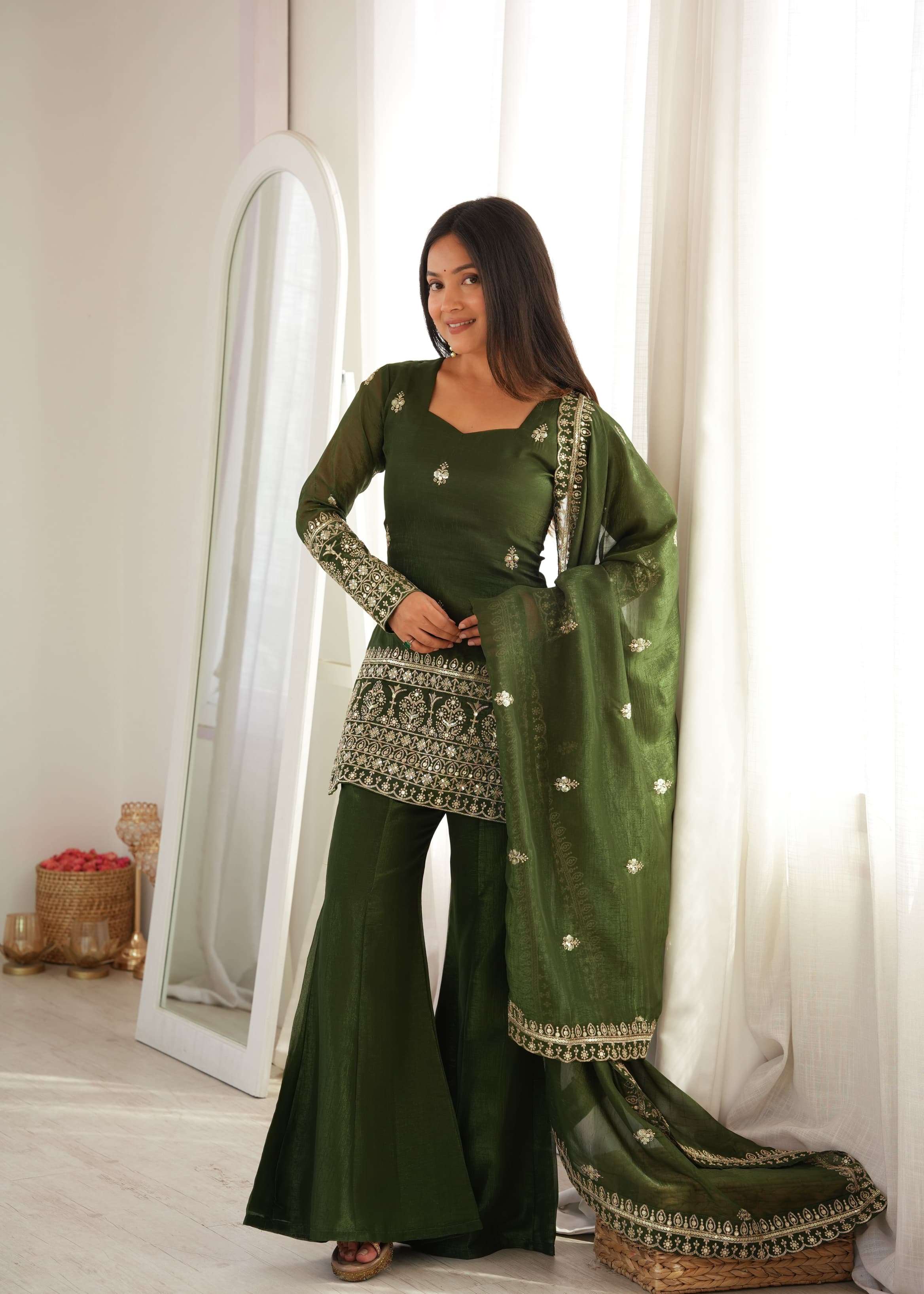 Mehendi & Purple Crunchy Silk Embroidered Top with Bell Bottom Pant & Dupatta – Festive Wedding Wear