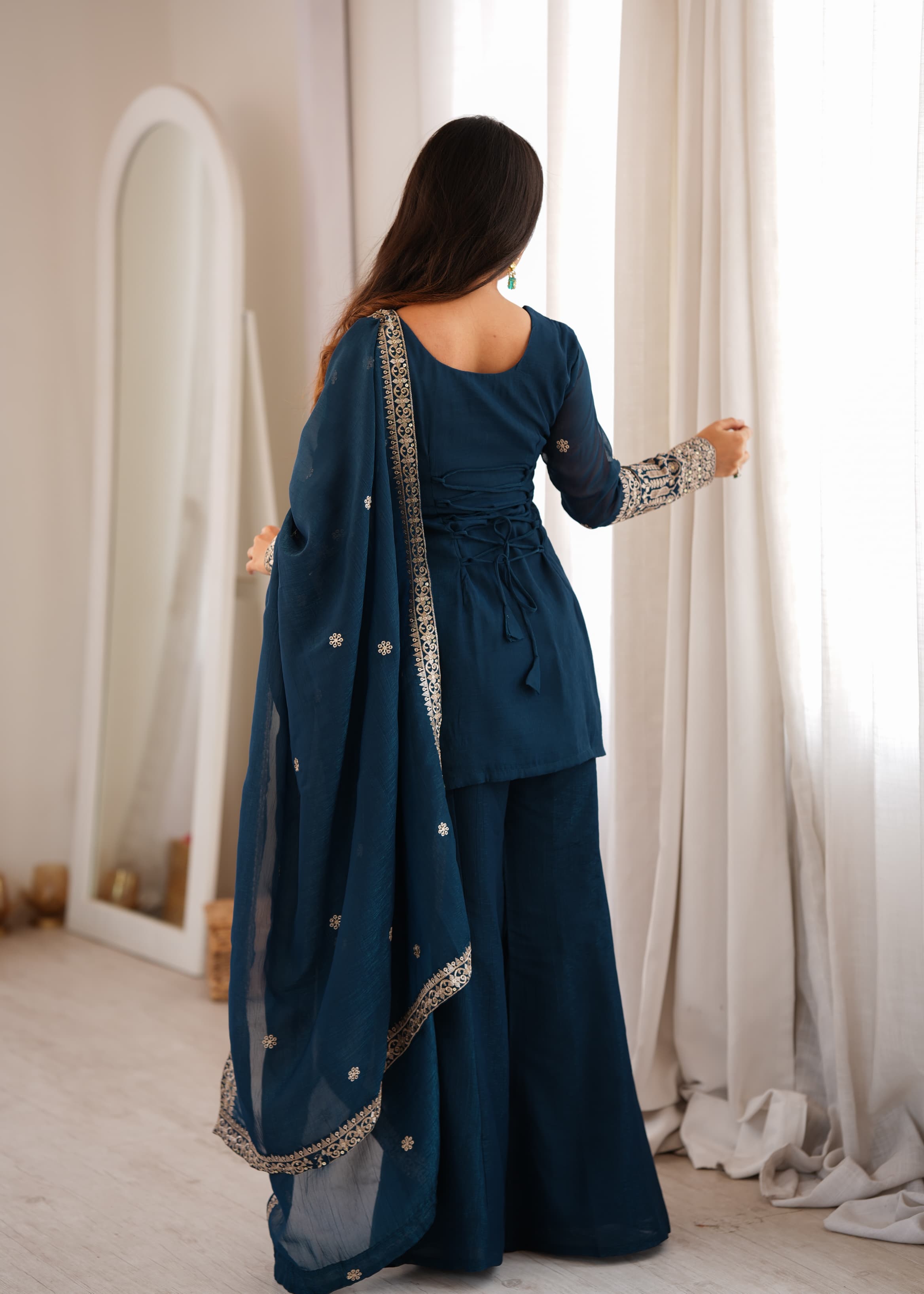 Teal Blue Crunchy Silk Embroidered Top with Bell Bottom Pant & Dupatta – Festive Wedding Wear