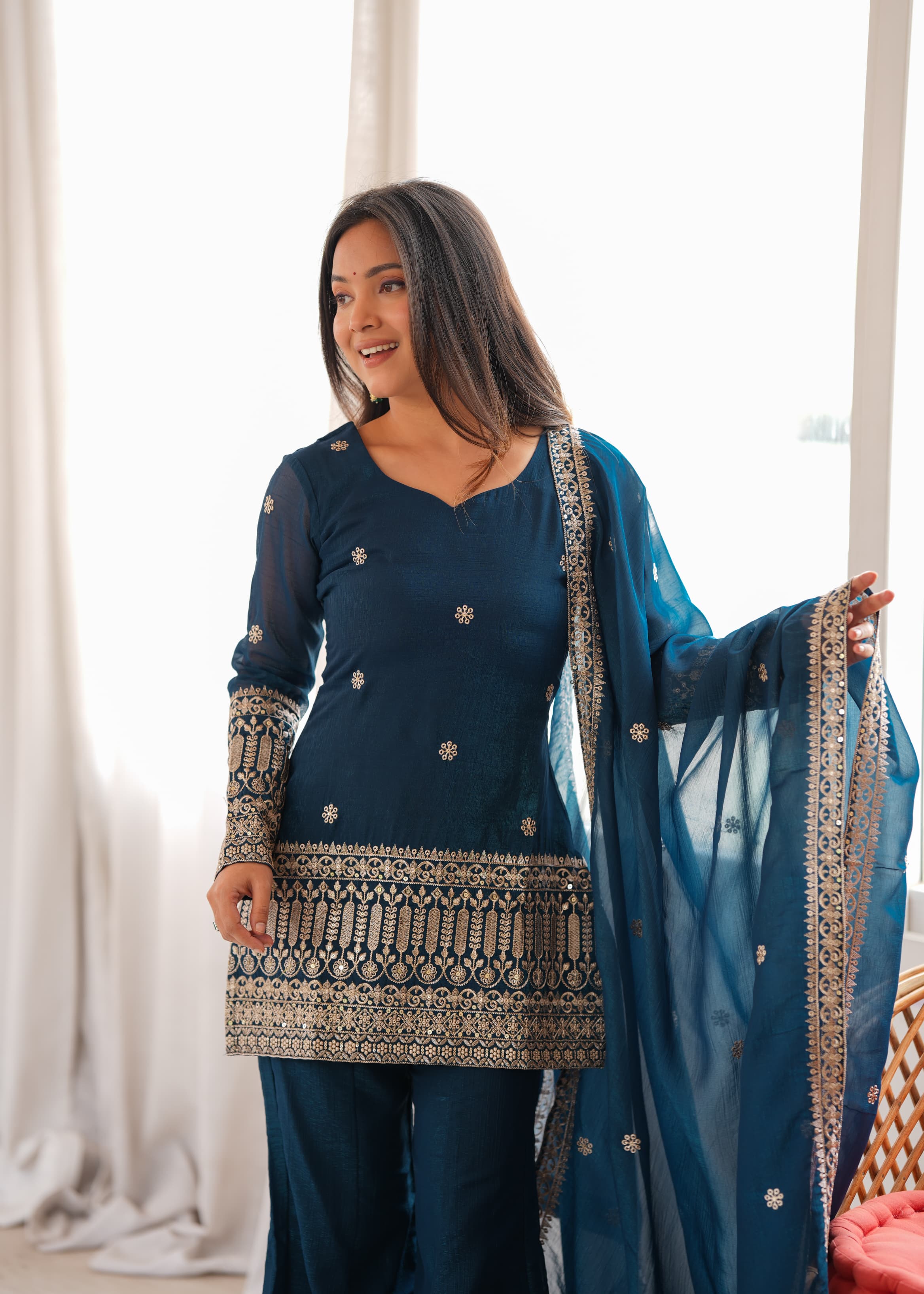 Teal Blue Crunchy Silk Embroidered Top with Bell Bottom Pant & Dupatta – Festive Wedding Wear