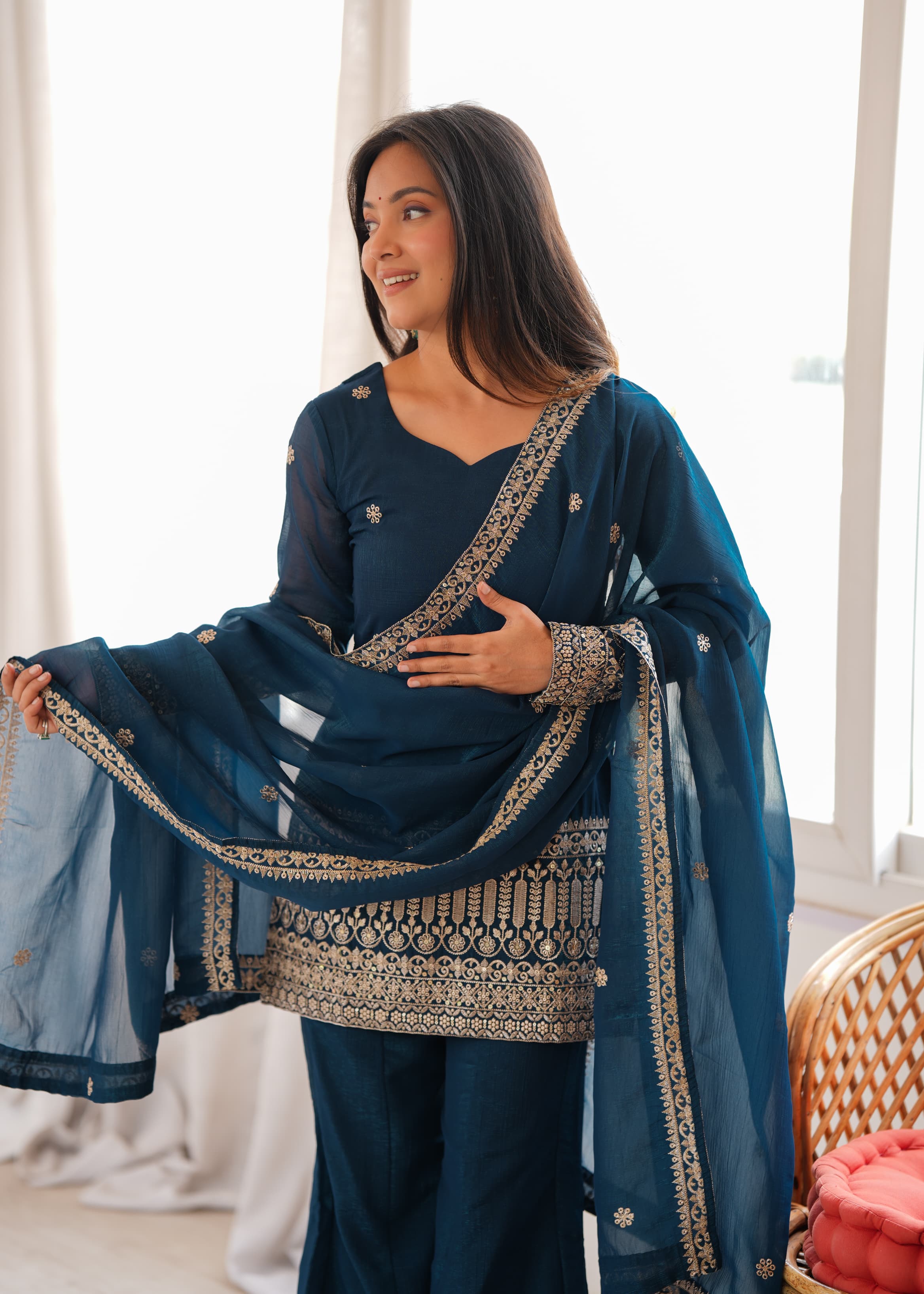 Teal Blue Crunchy Silk Embroidered Top with Bell Bottom Pant & Dupatta – Festive Wedding Wear