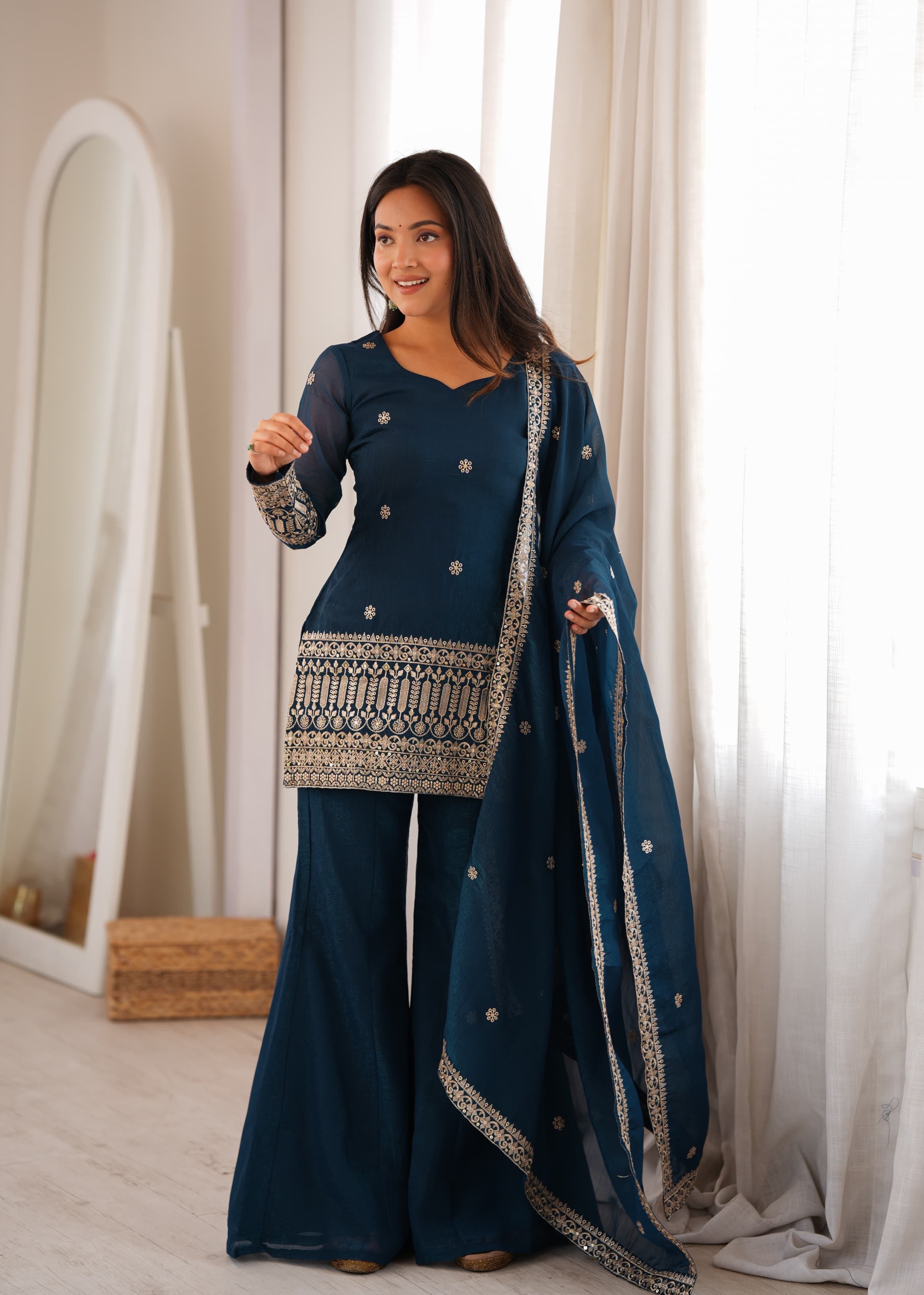 Teal Blue Crunchy Silk Embroidered Top with Bell Bottom Pant & Dupatta – Festive Wedding Wear