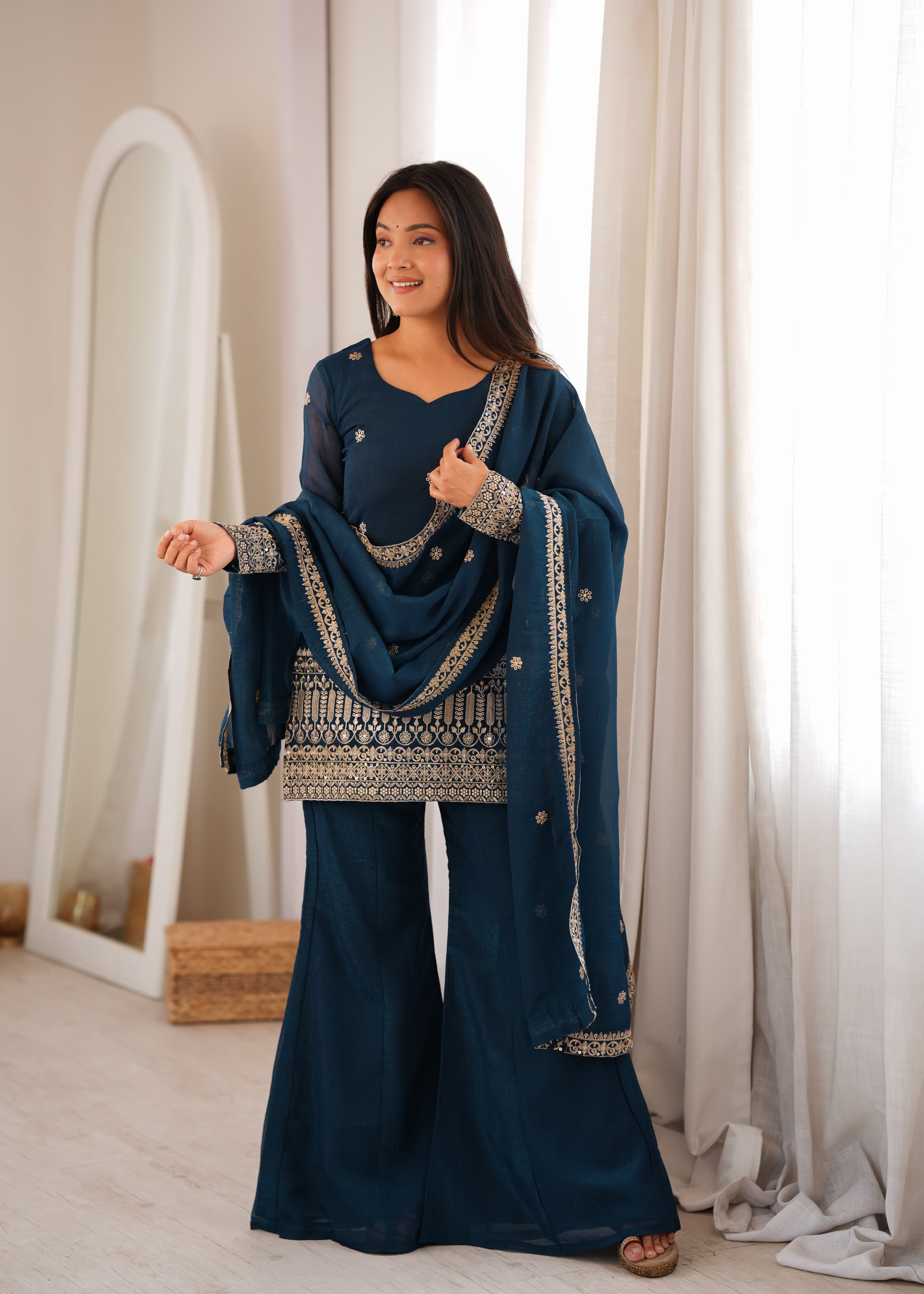 Teal Blue Crunchy Silk Embroidered Top with Bell Bottom Pant & Dupatta – Festive Wedding Wear