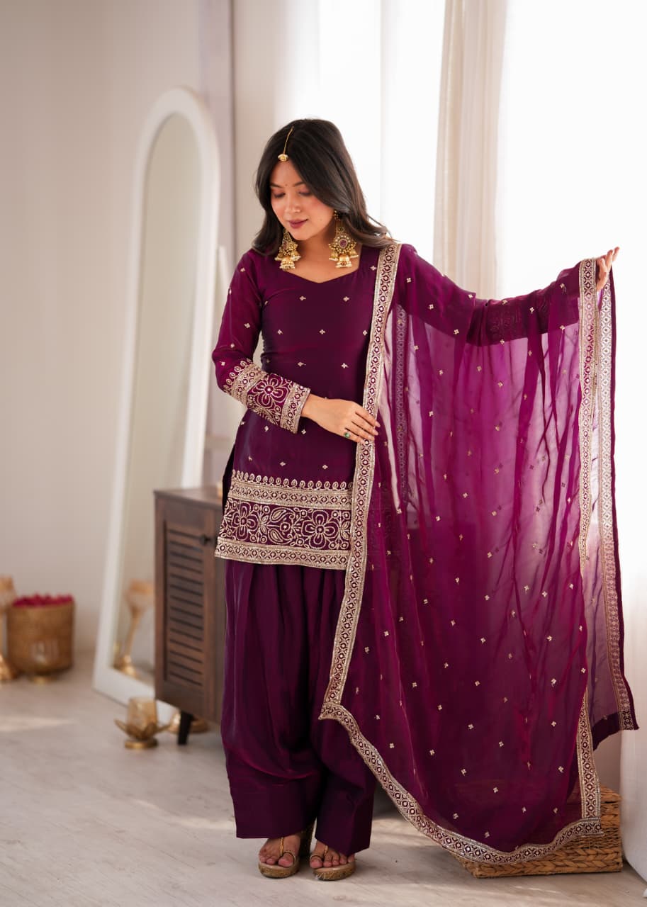 Wine Fendy Silk Embroidered Top with Farshi Shalwar & Dupatta – Festive Wedding Wear