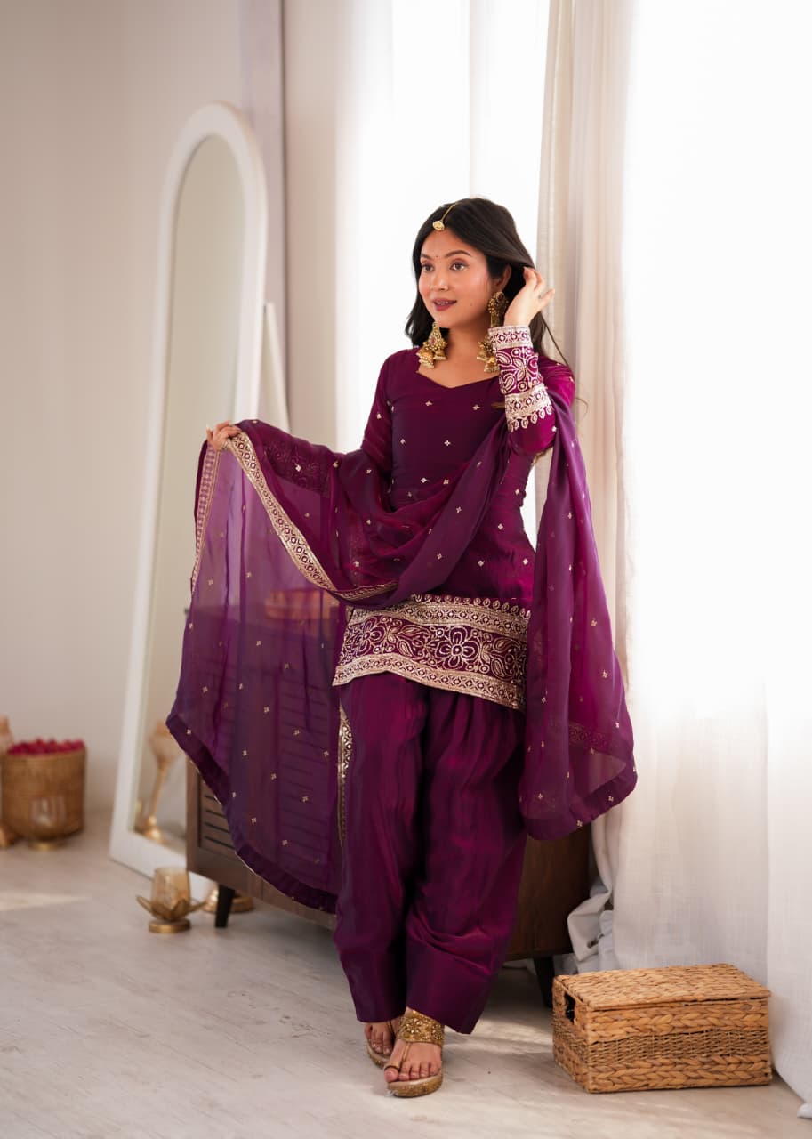 Wine Fendy Silk Embroidered Top with Farshi Shalwar & Dupatta – Festive Wedding Wear