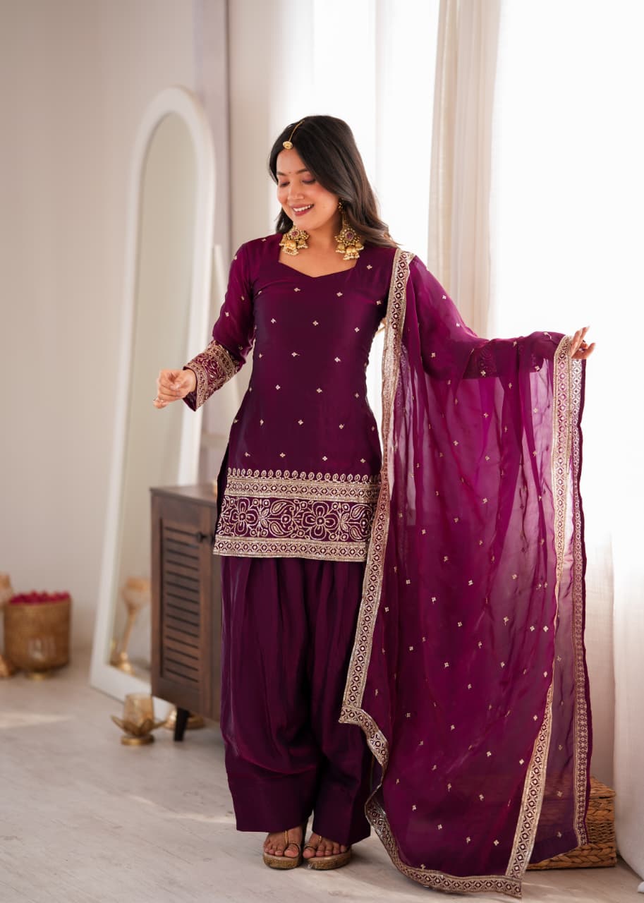 Wine Fendy Silk Embroidered Top with Farshi Shalwar & Dupatta – Festive Wedding Wear
