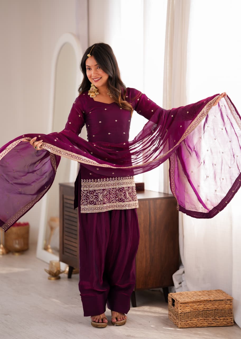 Wine Fendy Silk Embroidered Top with Farshi Shalwar & Dupatta – Festive Wedding Wear