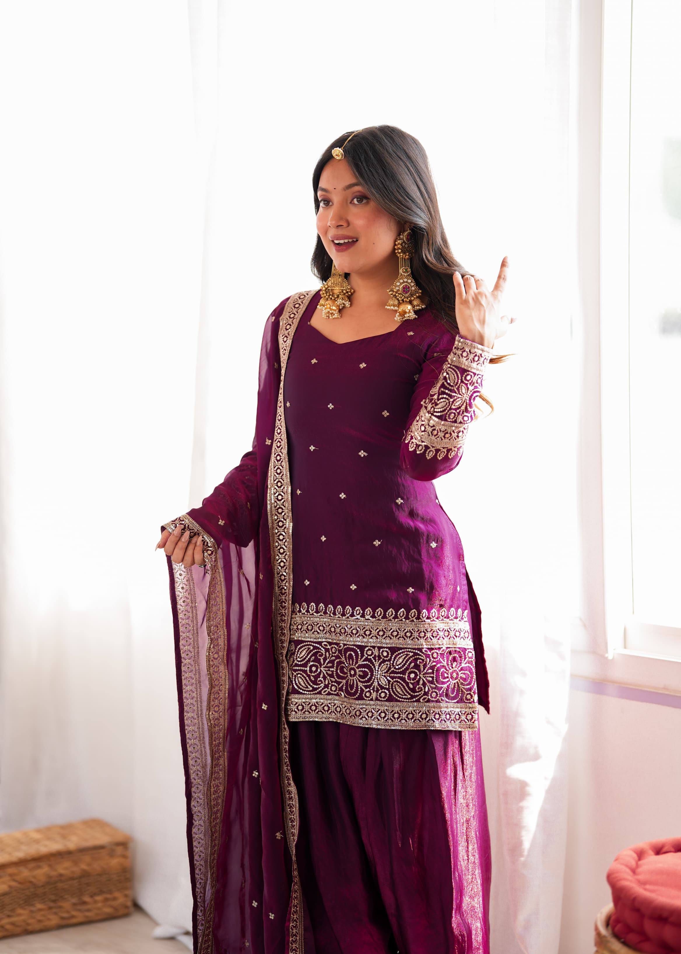 Wine Fendy Silk Embroidered Top with Farshi Shalwar & Dupatta – Festive Wedding Wear