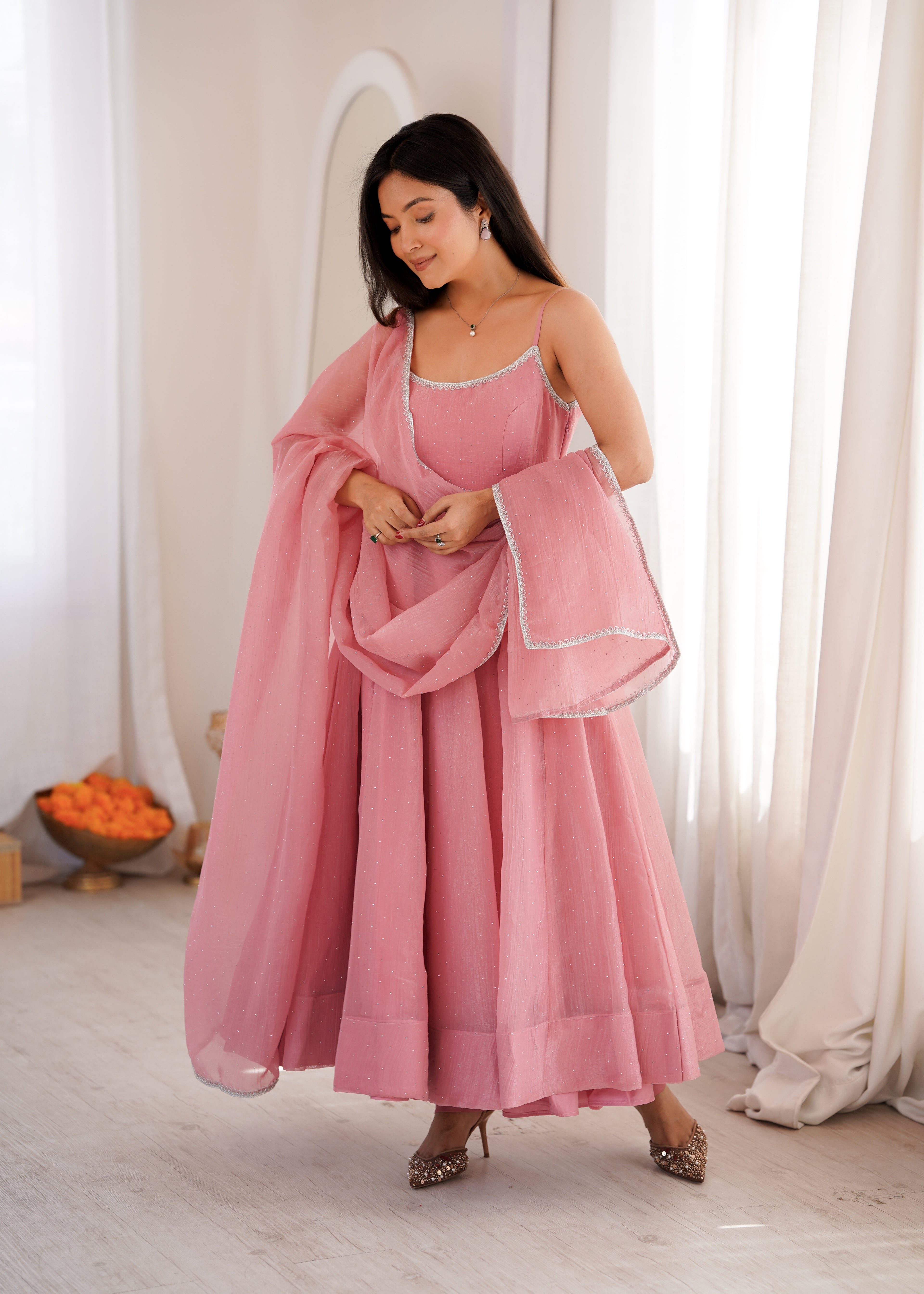 Sky & Dusty Pink Crunchy Silk Flared Anarkali with Dupatta & Pant – Lightweight Festive Wedding Wear