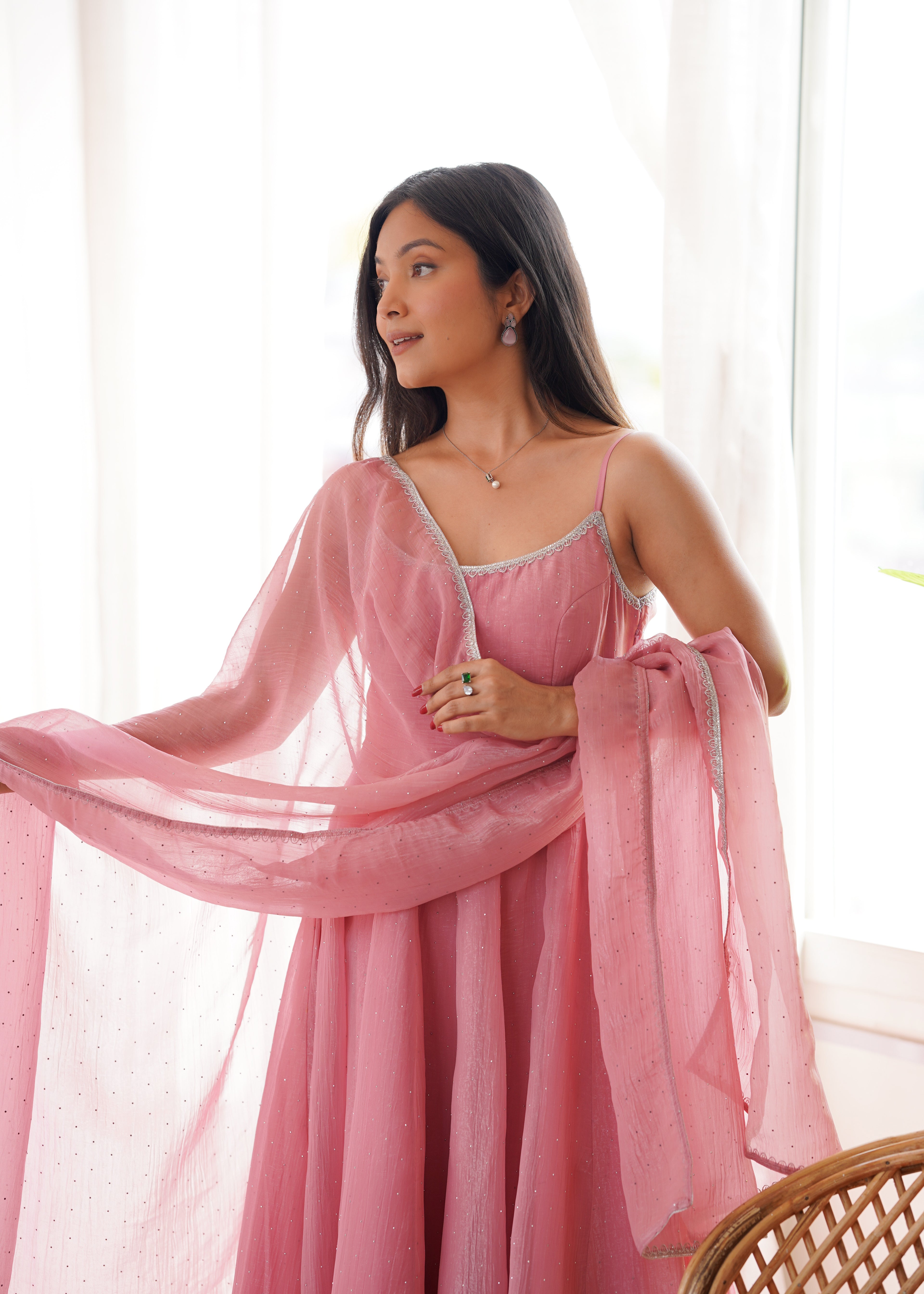 Sky & Dusty Pink Crunchy Silk Flared Anarkali with Dupatta & Pant – Lightweight Festive Wedding Wear