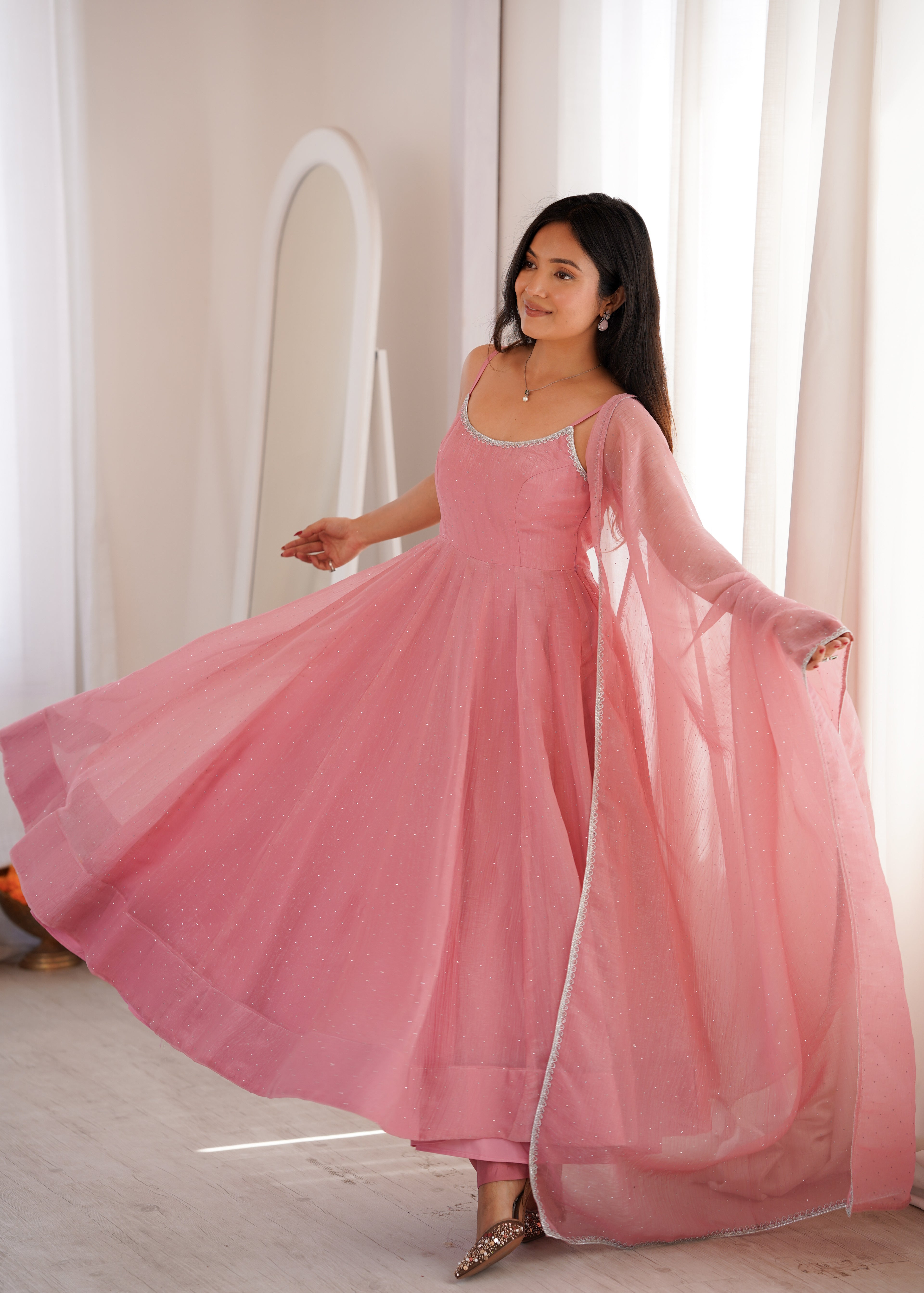 Sky & Dusty Pink Crunchy Silk Flared Anarkali with Dupatta & Pant – Lightweight Festive Wedding Wear