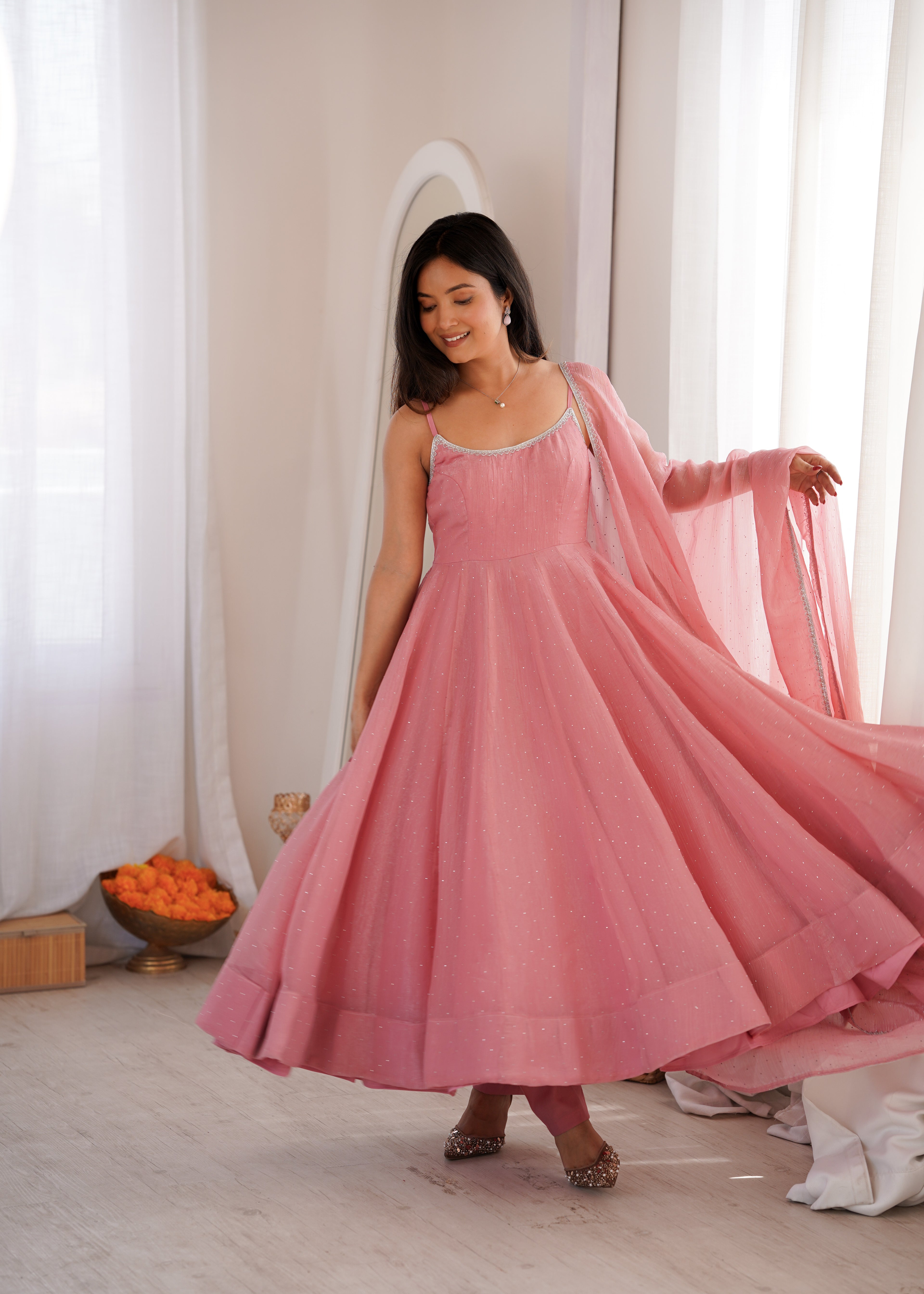 Sky & Dusty Pink Crunchy Silk Flared Anarkali with Dupatta & Pant – Lightweight Festive Wedding Wear