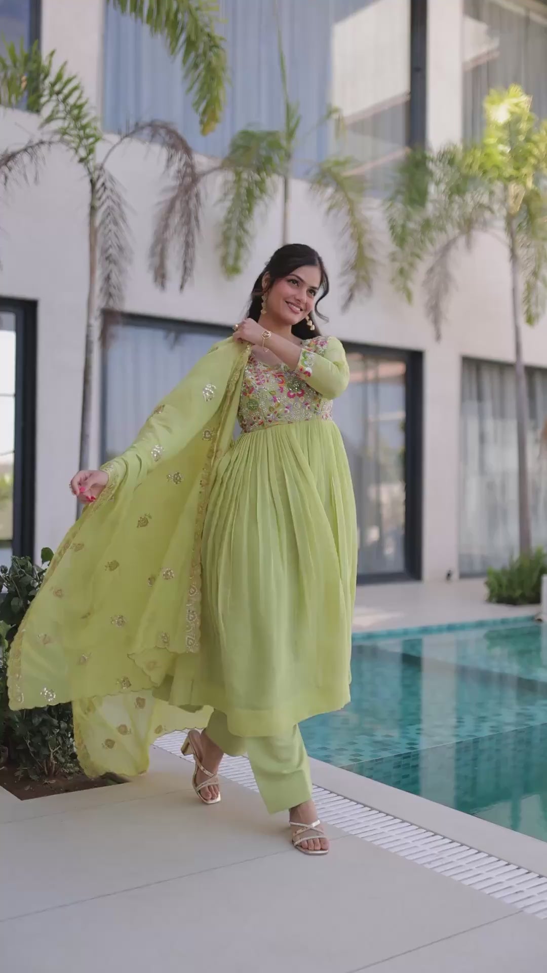 Mal Chanderi Gown with Pant & Dupatta Set – Festive Party Wear