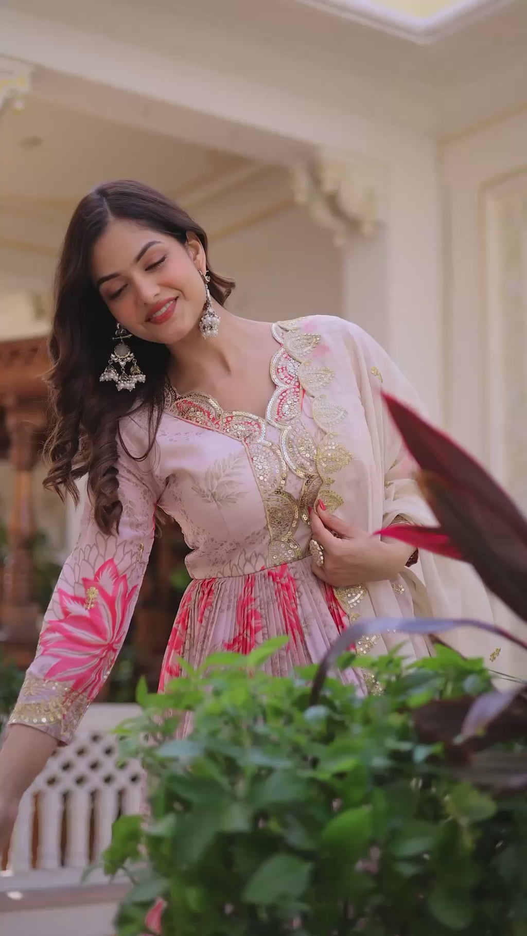 Pink Floral Anarkali Gown Set with Dupatta – Designer Party Wear