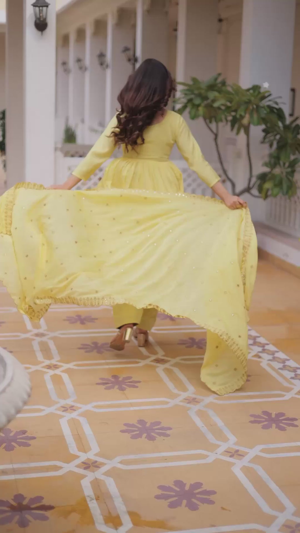 Mal Chanderi V-Neck Gown with Pant & Dupatta Set – Festive Wear