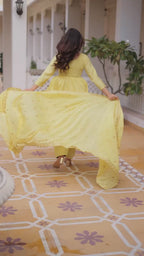 Mal Chanderi V-Neck Gown with Pant & Dupatta Set – Festive Wear