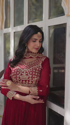 Maroon Faux Blooming Designer Gown with Dupatta – Wedding Reception