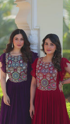Maroon & Purple Bell Sleeve Party Wear Gown – Embroidered Designer Gown