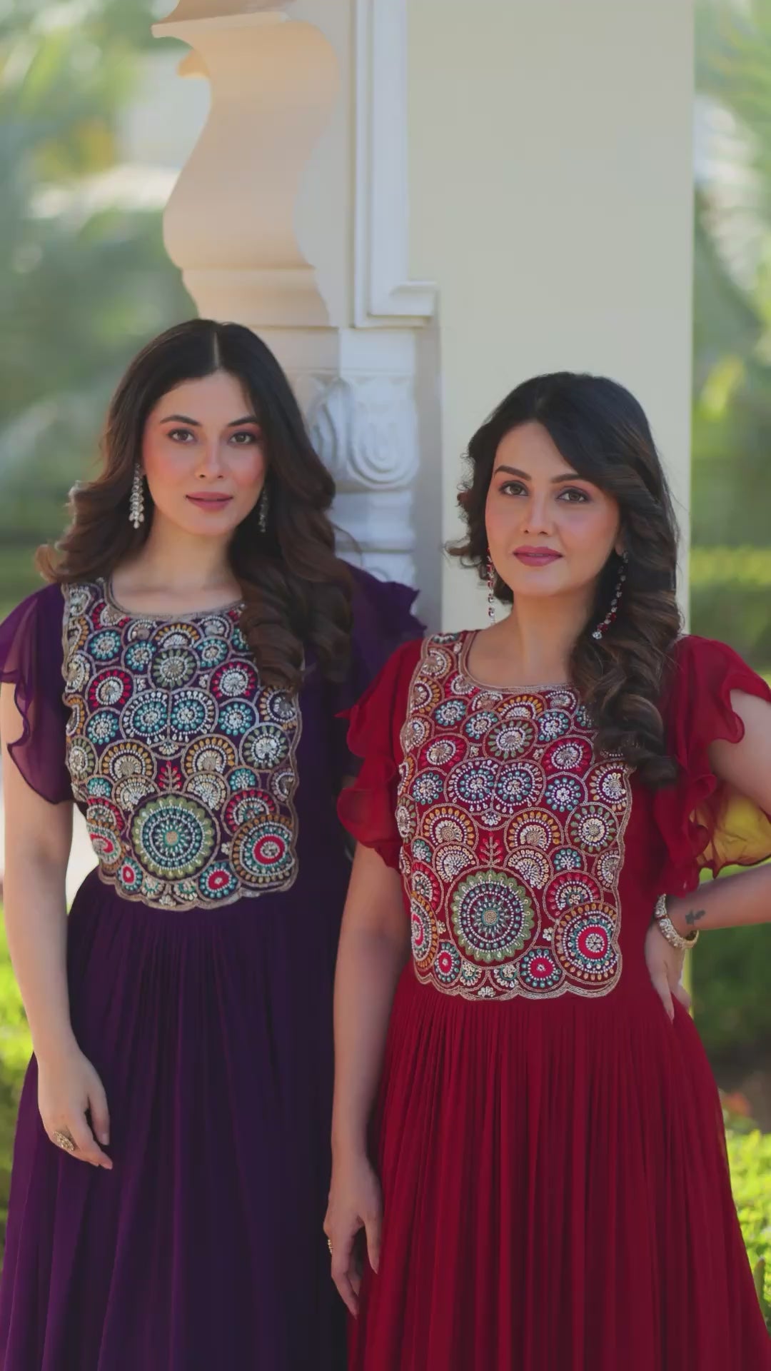 Maroon & Purple Bell Sleeve Party Wear Gown – Embroidered Designer Gown