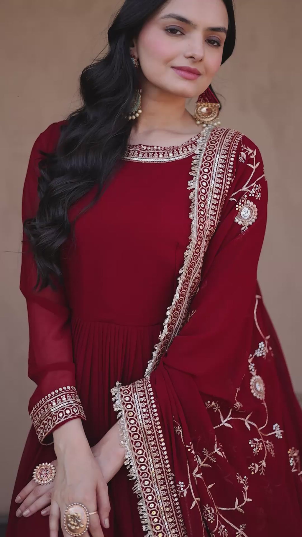 Maroon Embroidered Designer Gown with Dupatta – Wedding Reception Wear