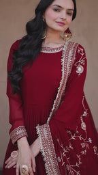 Maroon Embroidered Designer Gown with Dupatta – Wedding Reception Wear