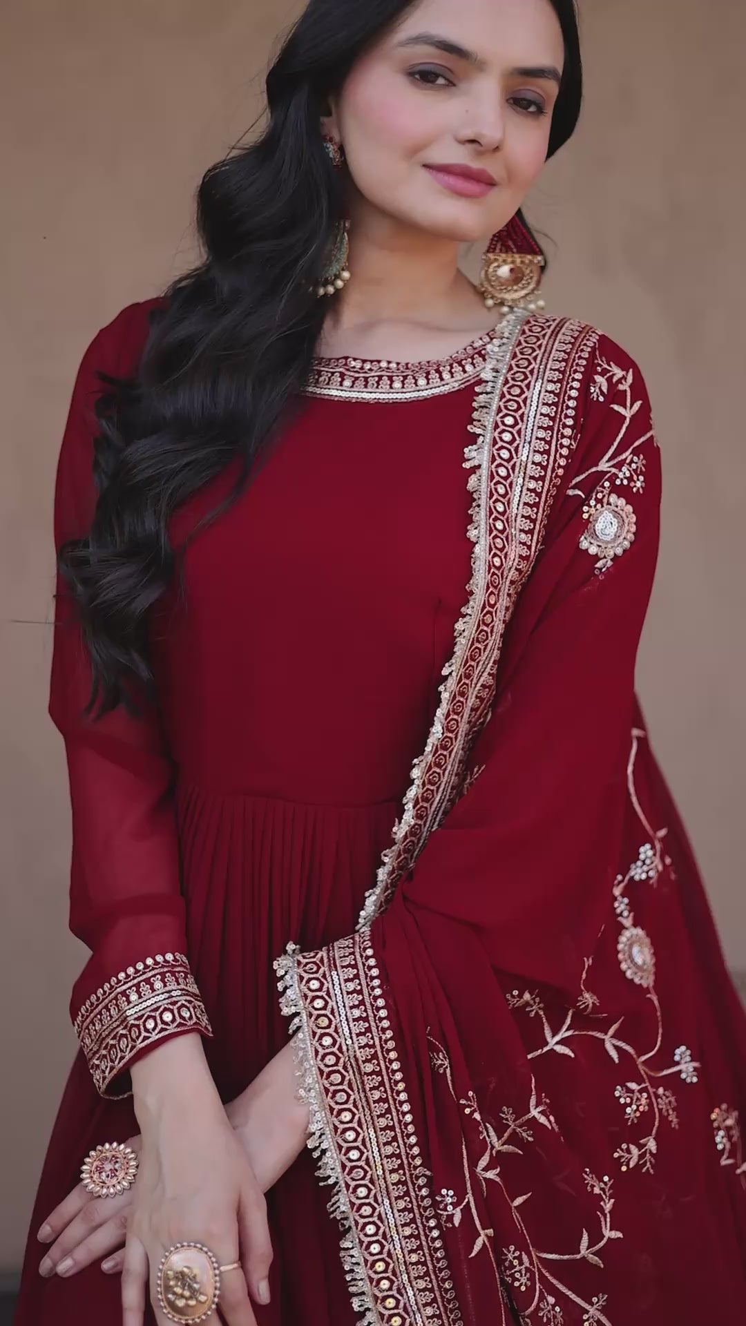 Maroon Embroidered Designer Gown with Dupatta – Wedding Reception Wear