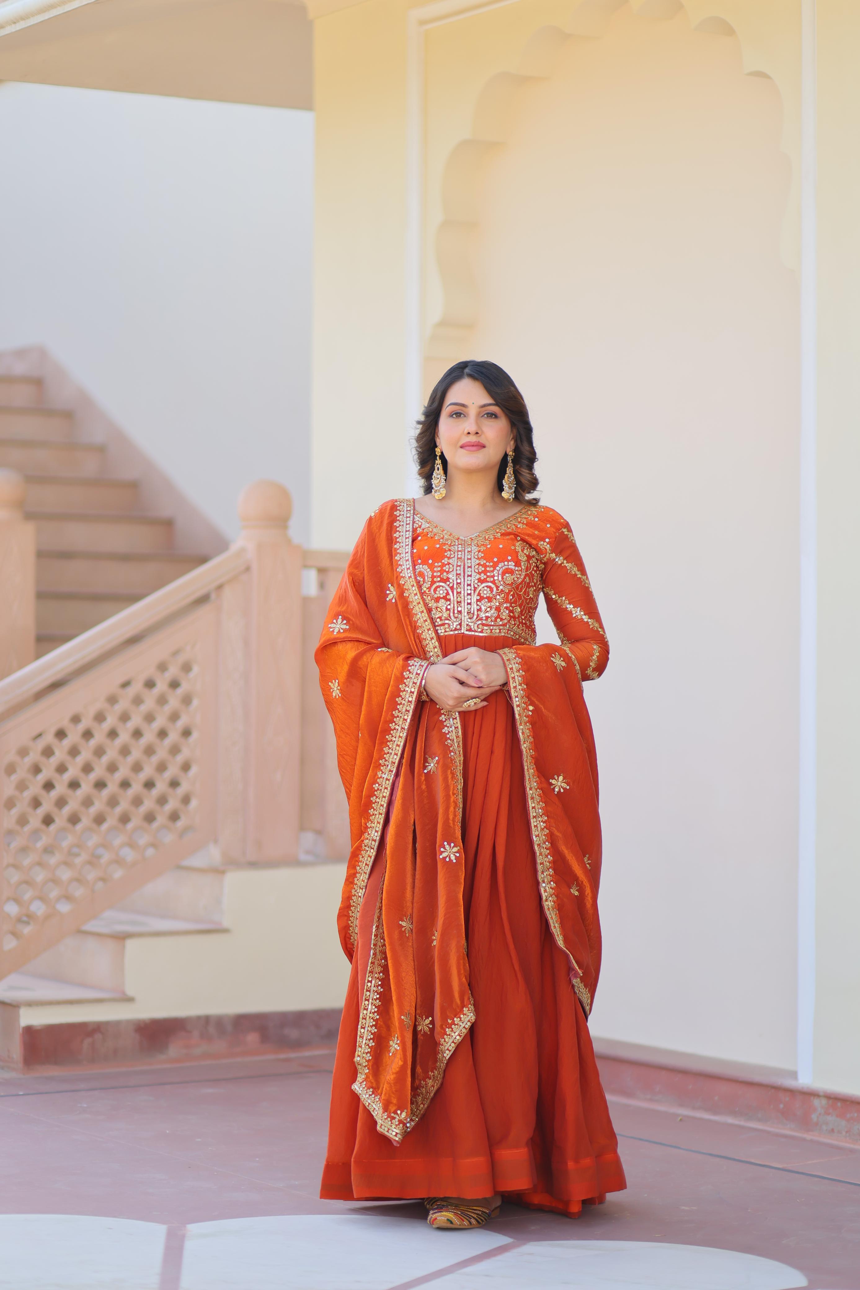 Fendy Fabric Designer Gown with Dupatta – Wedding Mehendi Wear