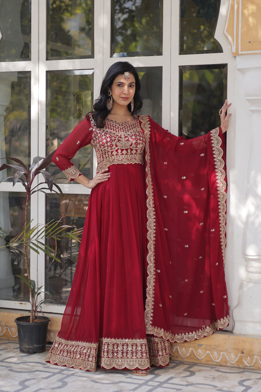 Maroon Faux Blooming Designer Gown with Dupatta – Wedding Reception