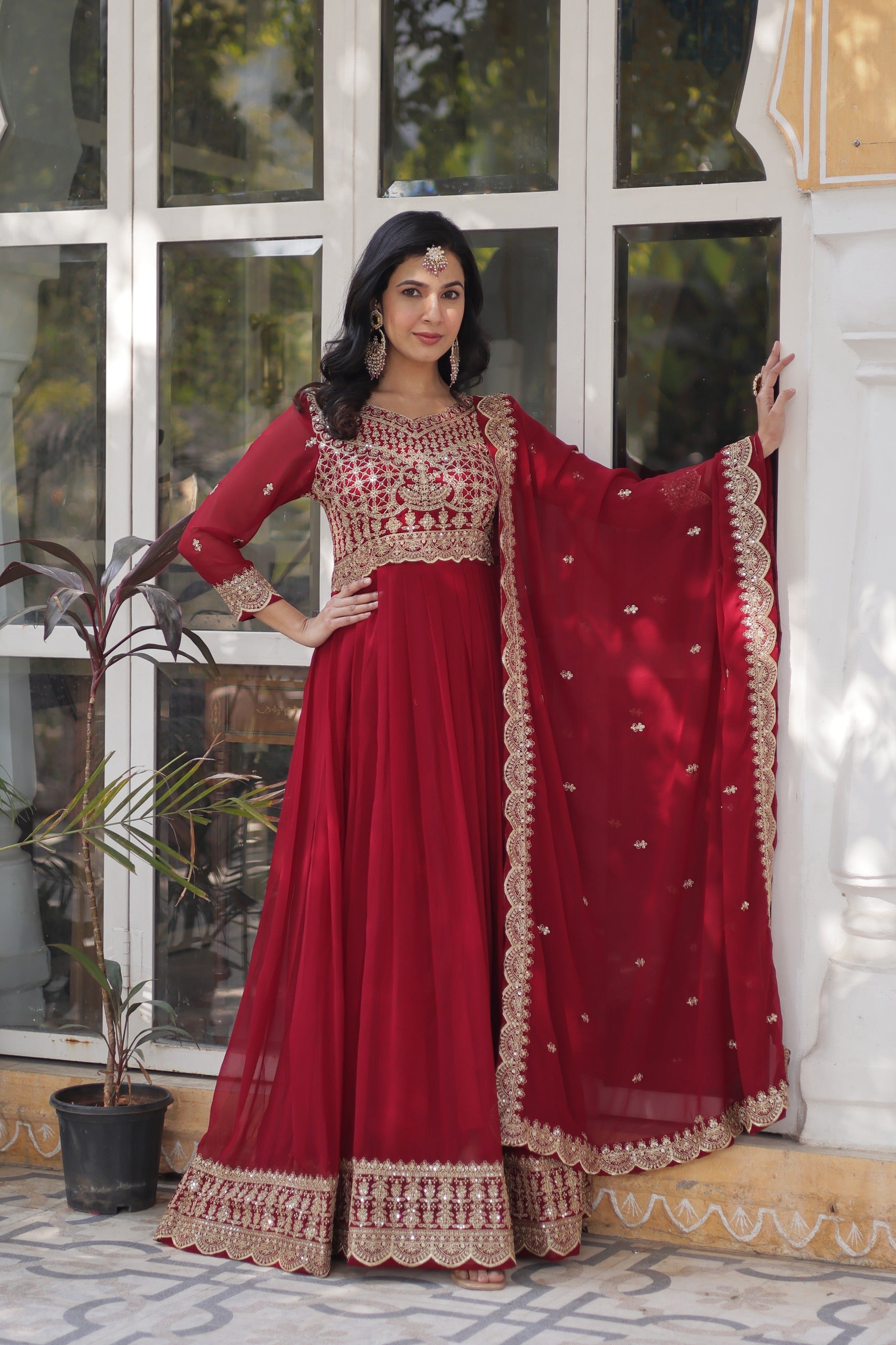 Maroon Faux Blooming Designer Gown with Dupatta – Wedding Reception