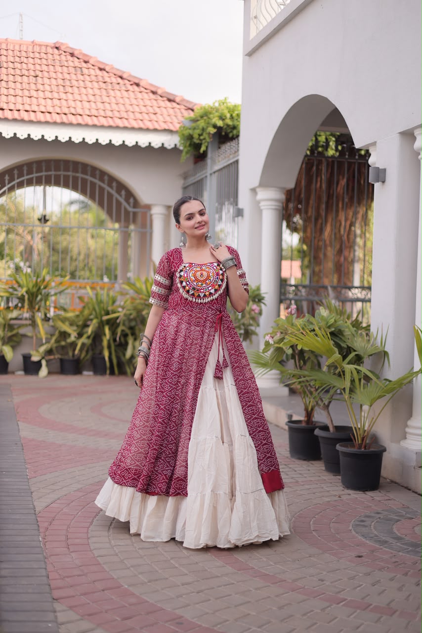 Navratri Kora Cotton Lehenga with Bandhani Kurti – Garba Wear