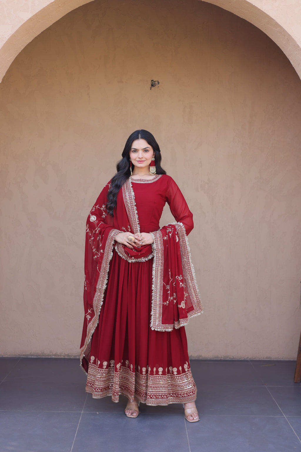 Maroon Embroidered Designer Gown with Dupatta – Wedding Reception Wear