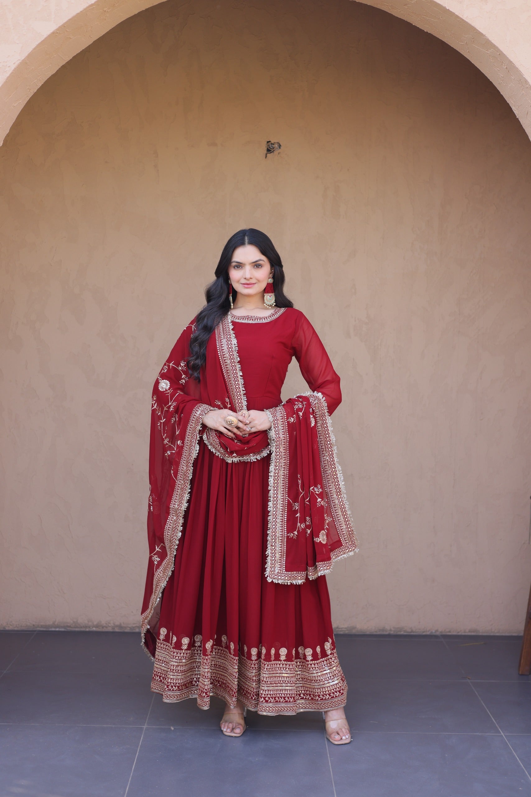 Maroon Embroidered Designer Gown with Dupatta – Wedding Reception Wear