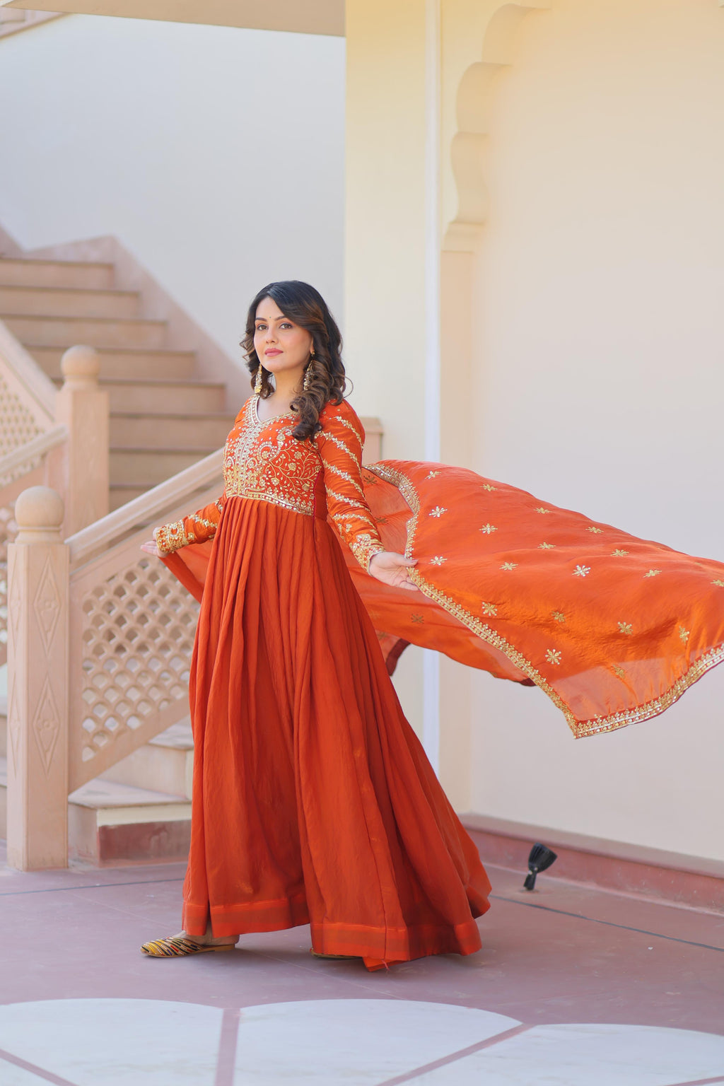 Fendy Fabric Designer Gown with Dupatta – Wedding Mehendi Wear