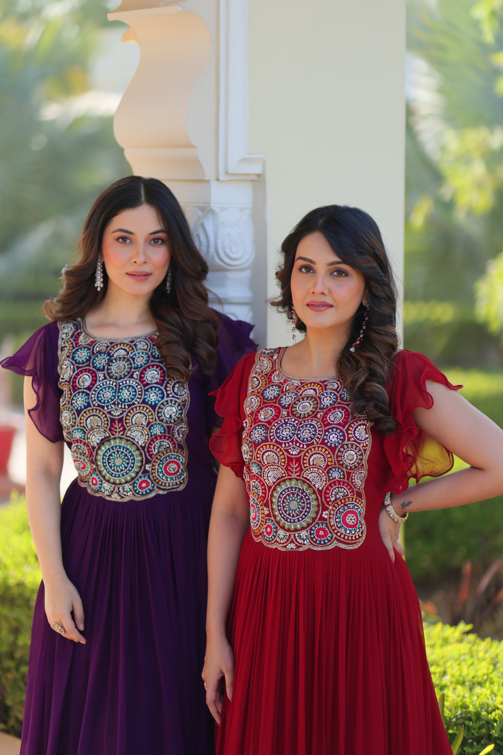 Maroon & Purple Bell Sleeve Party Wear Gown – Embroidered Designer Gown