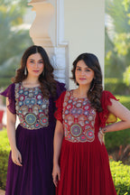 Maroon & Purple Bell Sleeve Party Wear Gown – Embroidered Designer Gown