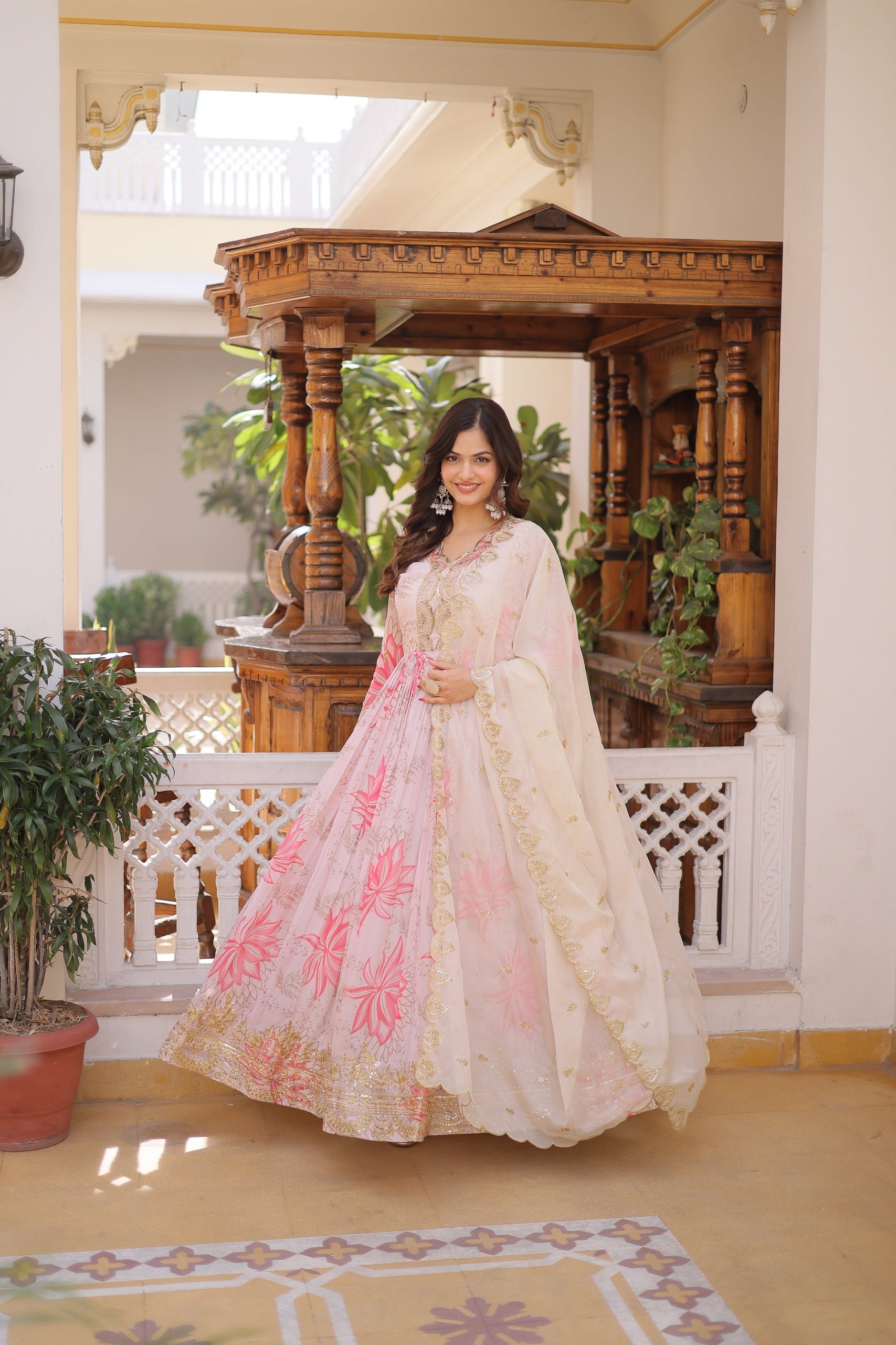 Pink Floral Anarkali Gown Set with Dupatta – Designer Party Wear
