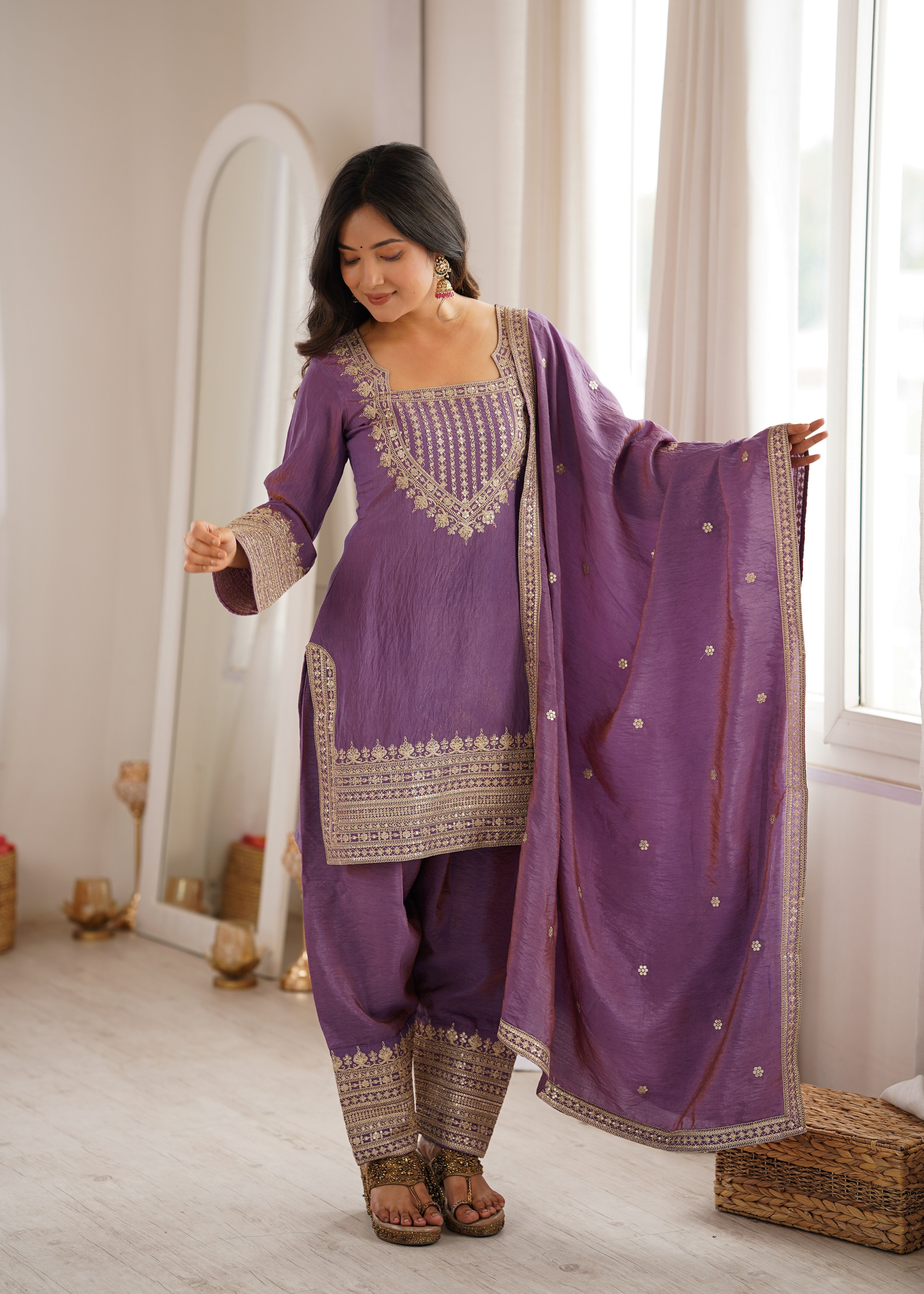 Onion Pink & Seagreen Vichitra Silk Embroidered Top with Farshi Shalwar & Dupatta – Festive Wedding Wear